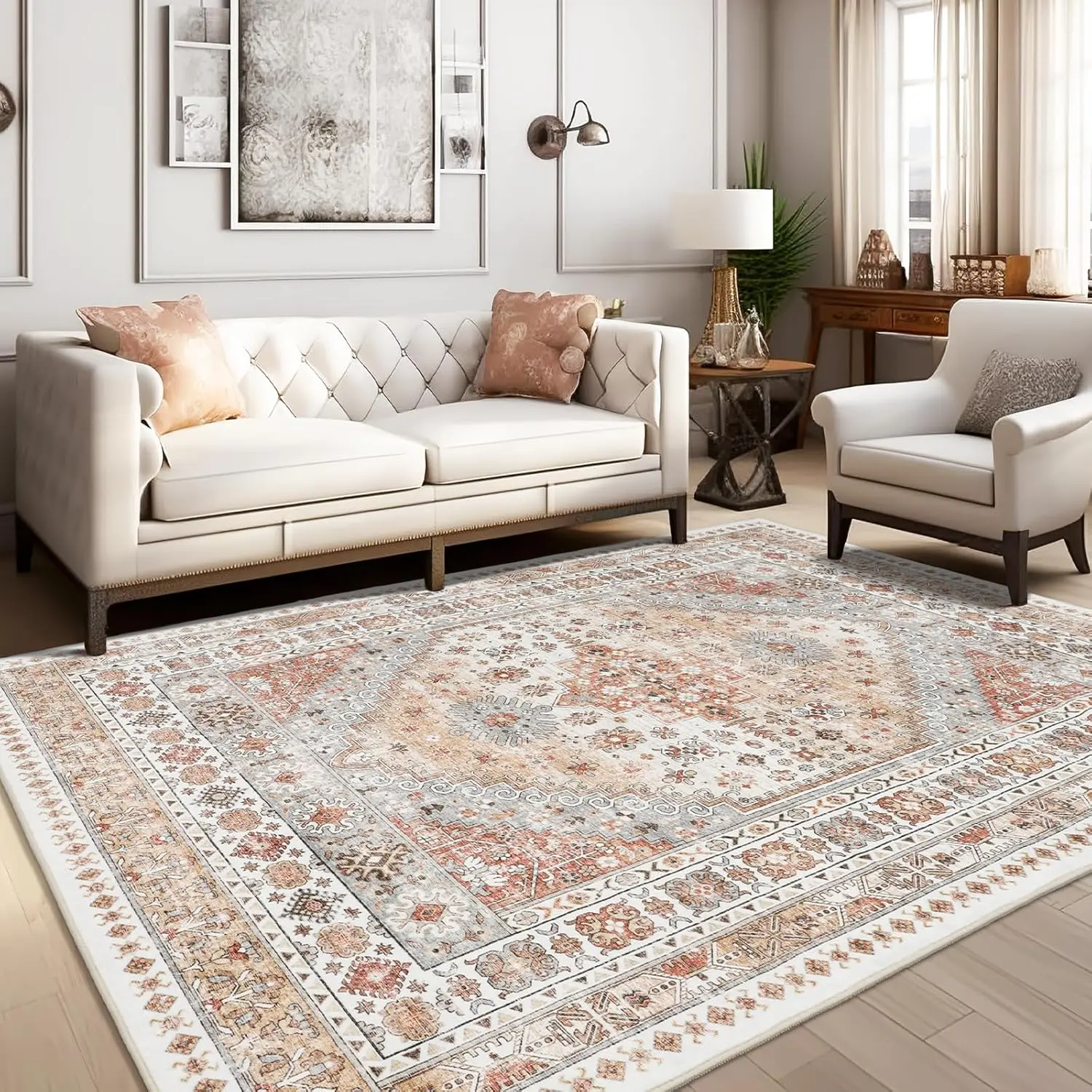 zesthome 8x10 Area Rugs for Living Room,Non-Slip Backing Washable Rugs,Vintage Large Area Rug，Stain Resistant Home Decor Rug (Orange,8'x10') image 3