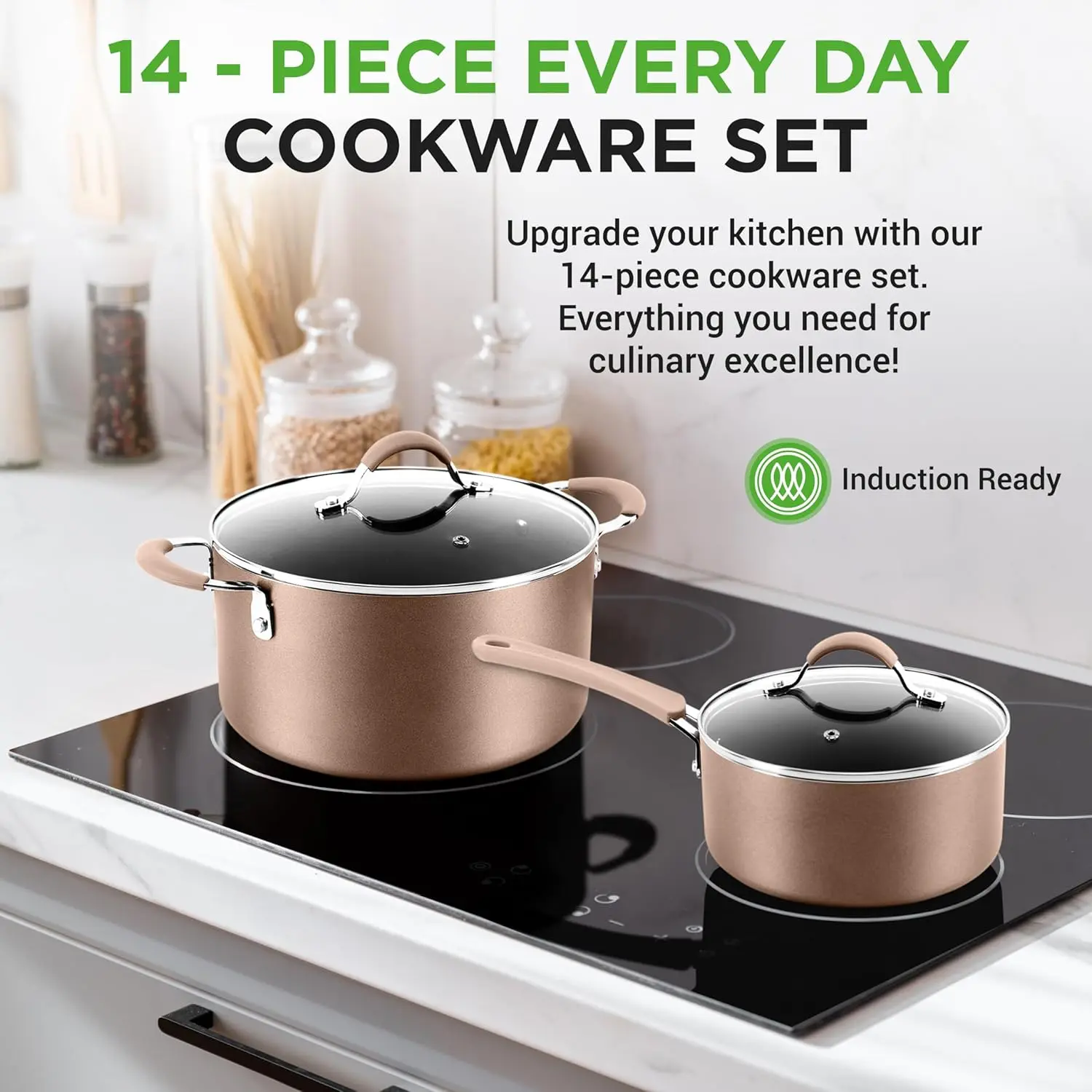 NutriChef 14-Piece Nonstick Cookware PFOA/PFOS-Free Heat Resistant Lacquer Kitchen Ware Set w/Saucepan, Frying Pans, Cooking, Dutch Oven Pot, Lids, Utensils, NCCW14S, Shiny Golden image 2