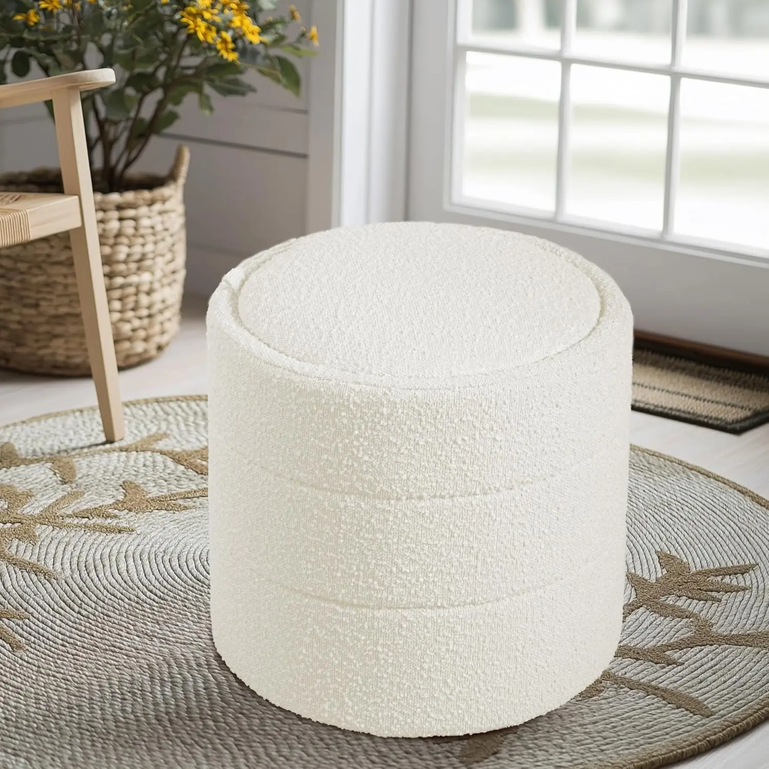HomePop Storage Round Ottoman with Removable Lid Home Décor|Upholstered Round Foot Rest Ottoman - Cream Boucle image 2
