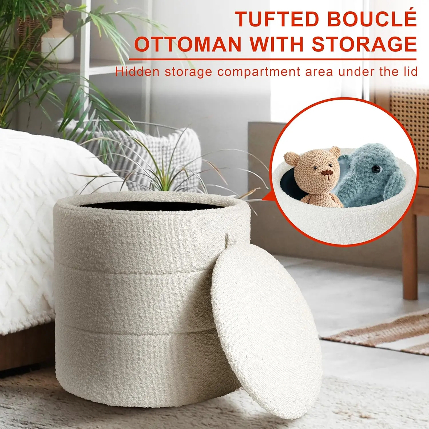 HomePop Storage Round Ottoman with Removable Lid Home Décor|Upholstered Round Foot Rest Ottoman - Cream Boucle image 4
