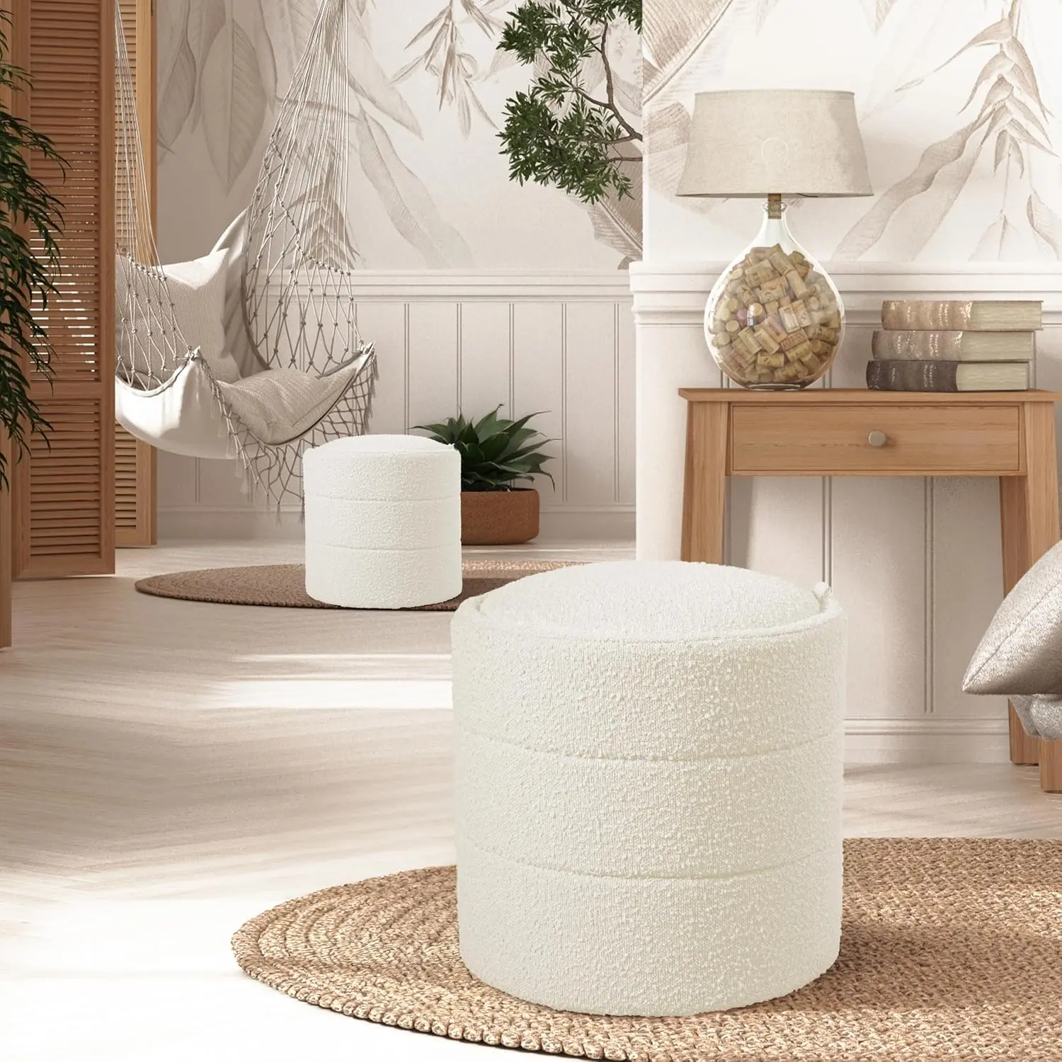 HomePop Storage Round Ottoman with Removable Lid Home Décor|Upholstered Round Foot Rest Ottoman - Cream Boucle image 5