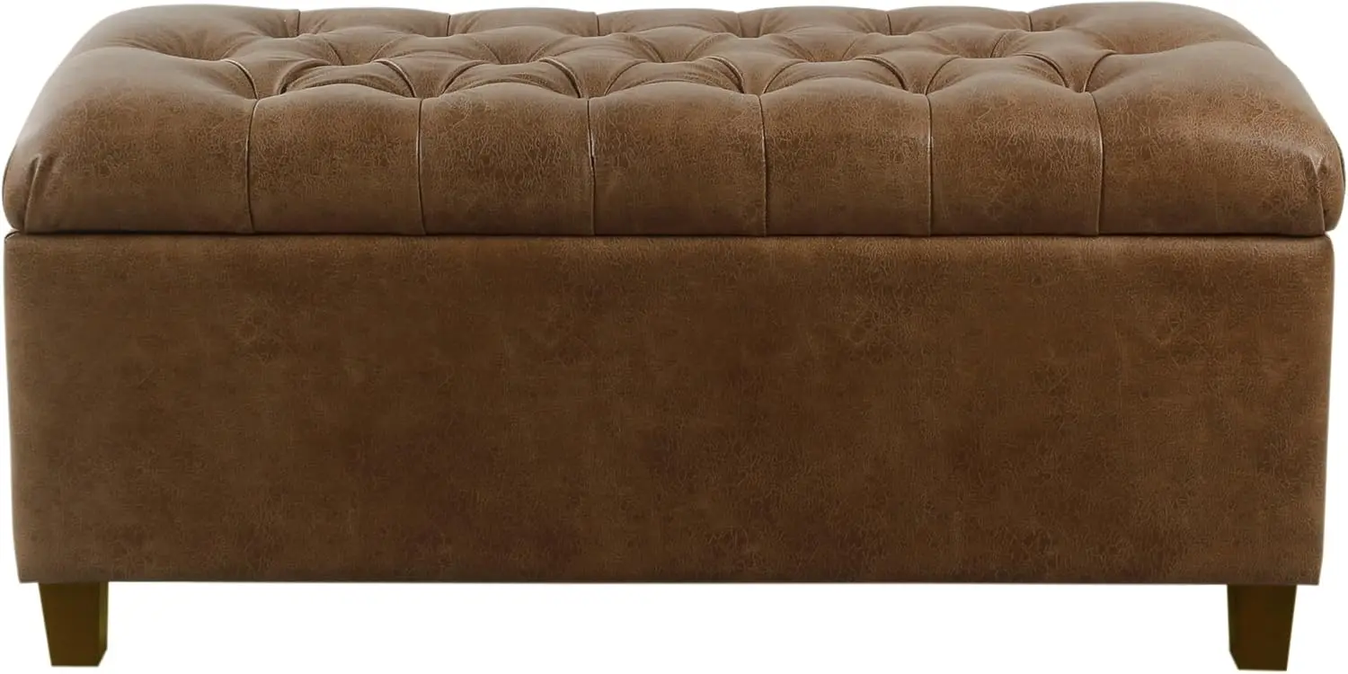 Homepop Home Decor | Button Tufted Storage Bench | Ottoman Bench with Storage for Living Room & Bedroom, Distressed Brown Faux Leather image 3