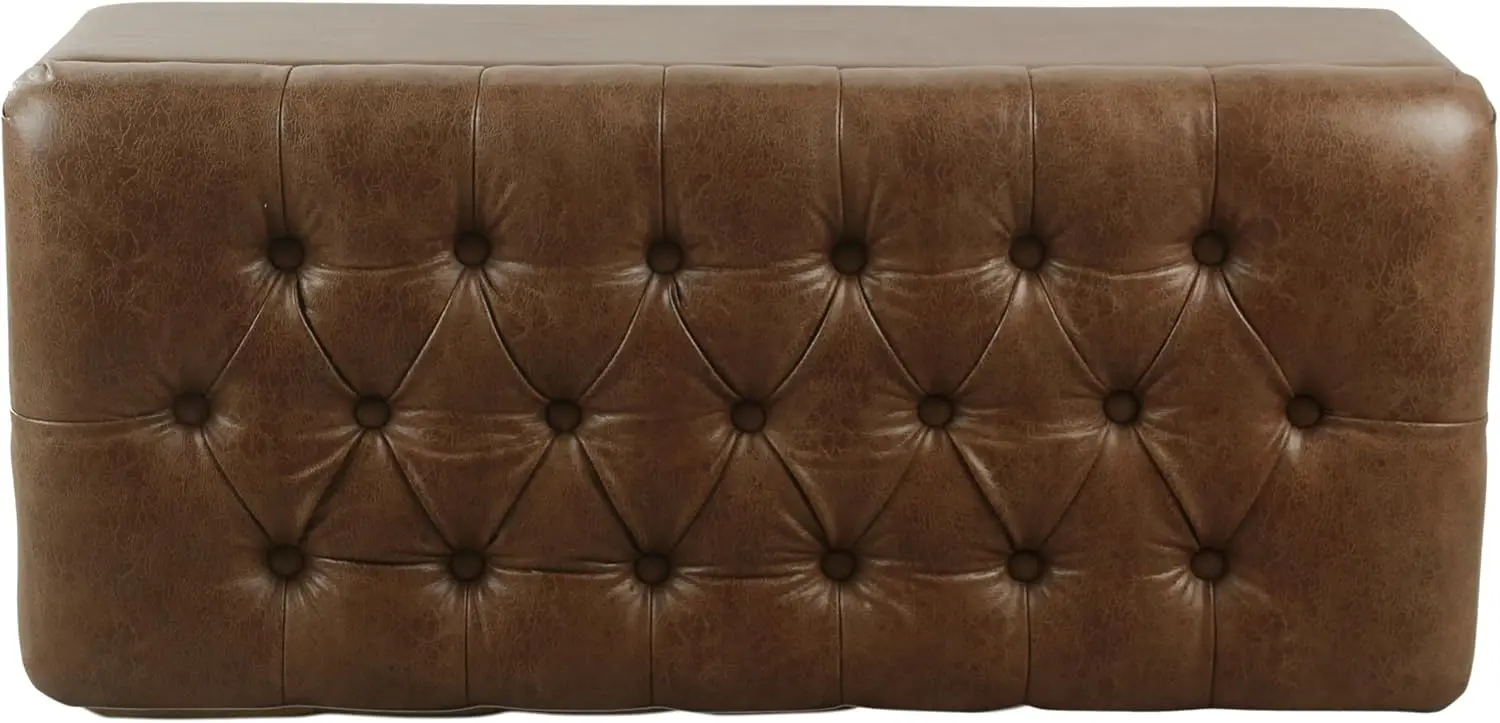 Homepop Home Decor | Button Tufted Storage Bench | Ottoman Bench with Storage for Living Room & Bedroom, Distressed Brown Faux Leather image 6