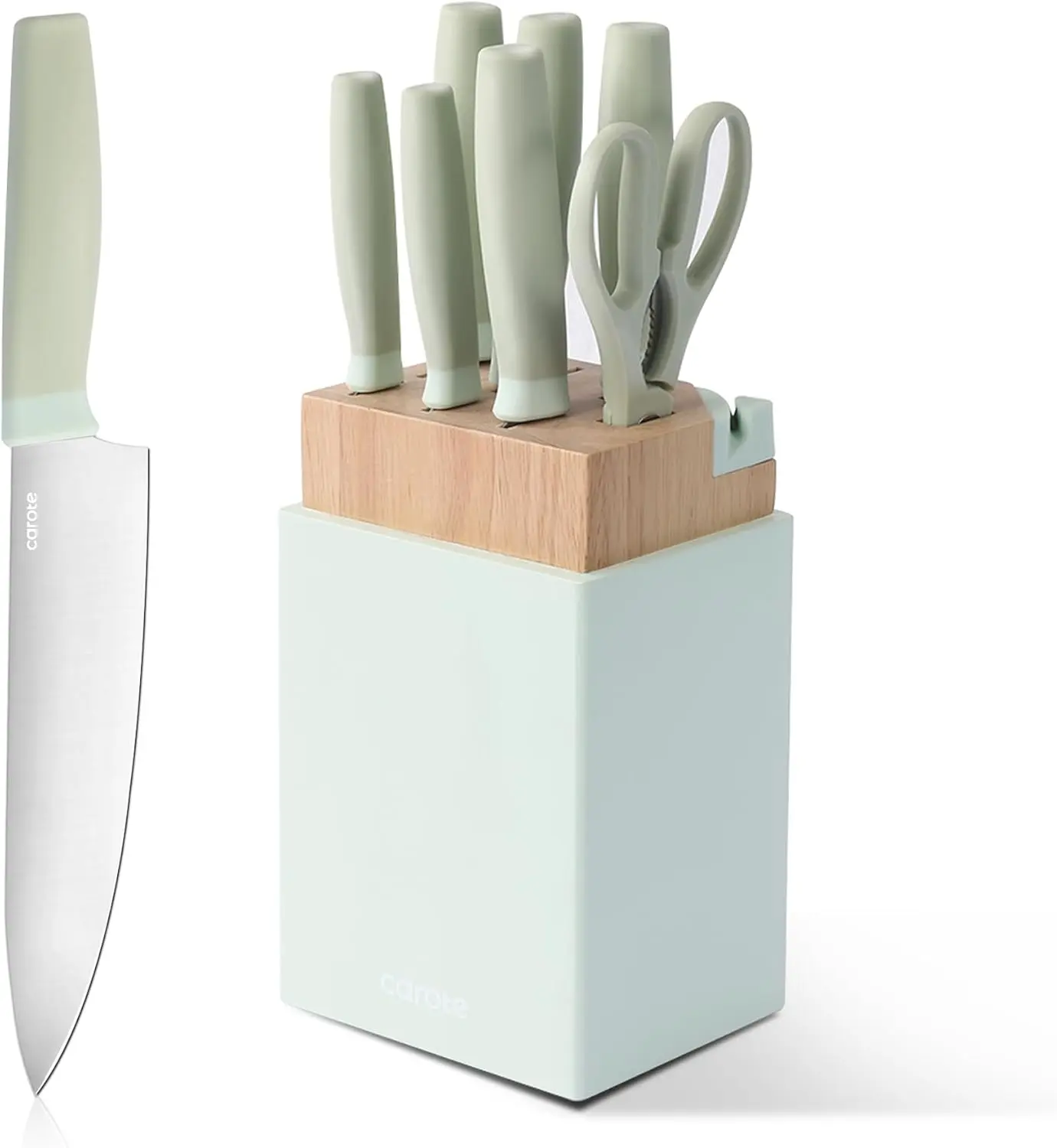 CAROTE Kitchen Knife Set with Block and Sharpener, Dishwasher Safe Knife Block Set 9Pcs, Forged Cutlery with Razor-Sharp Stainless Steel Blades, Green image 1
