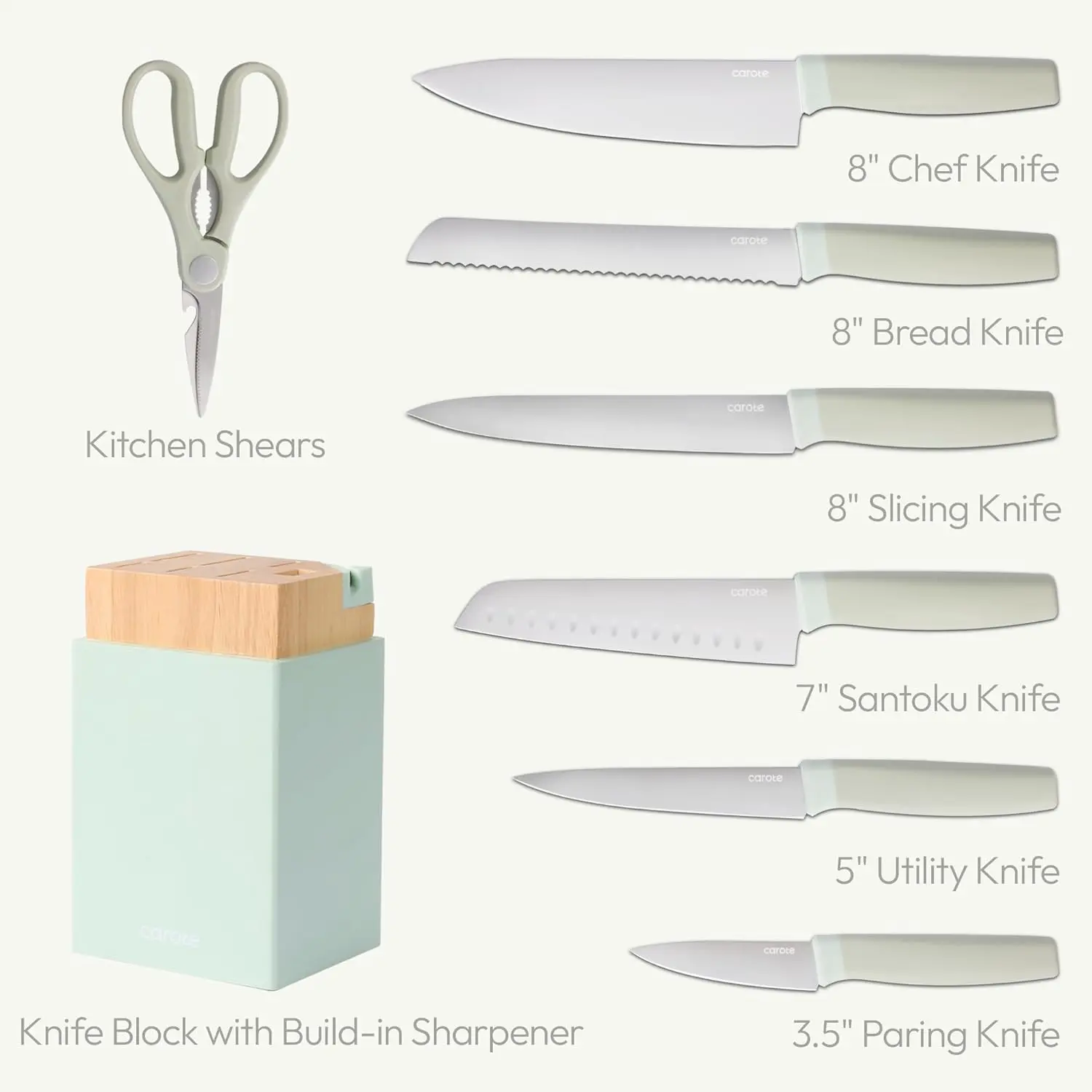 CAROTE Kitchen Knife Set with Block and Sharpener, Dishwasher Safe Knife Block Set 9Pcs, Forged Cutlery with Razor-Sharp Stainless Steel Blades, Green image 2