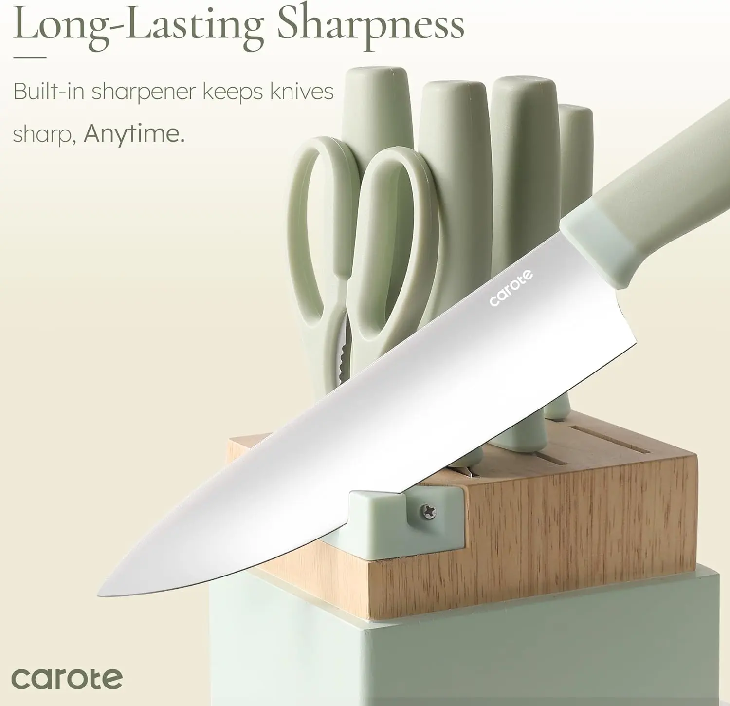CAROTE Kitchen Knife Set with Block and Sharpener, Dishwasher Safe Knife Block Set 9Pcs, Forged Cutlery with Razor-Sharp Stainless Steel Blades, Green image 3