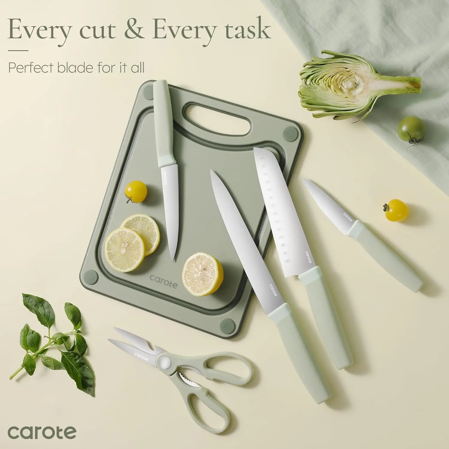 CAROTE Kitchen Knife Set with Block and Sharpener, Dishwasher Safe Knife Block Set 9Pcs, Forged Cutlery with Razor-Sharp Stainless Steel Blades, Green image 7