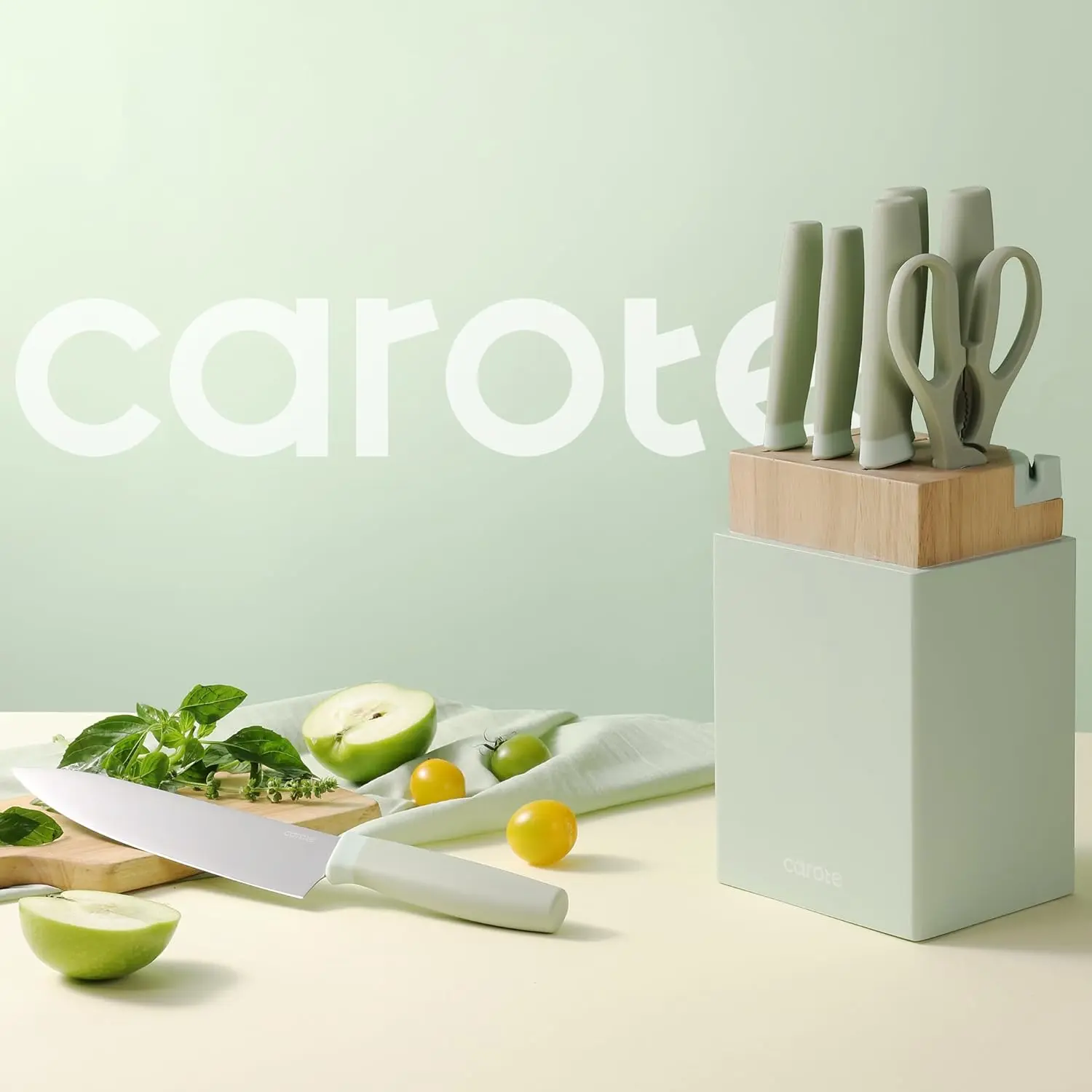 CAROTE Kitchen Knife Set with Block and Sharpener, Dishwasher Safe Knife Block Set 9Pcs, Forged Cutlery with Razor-Sharp Stainless Steel Blades, Green image 8