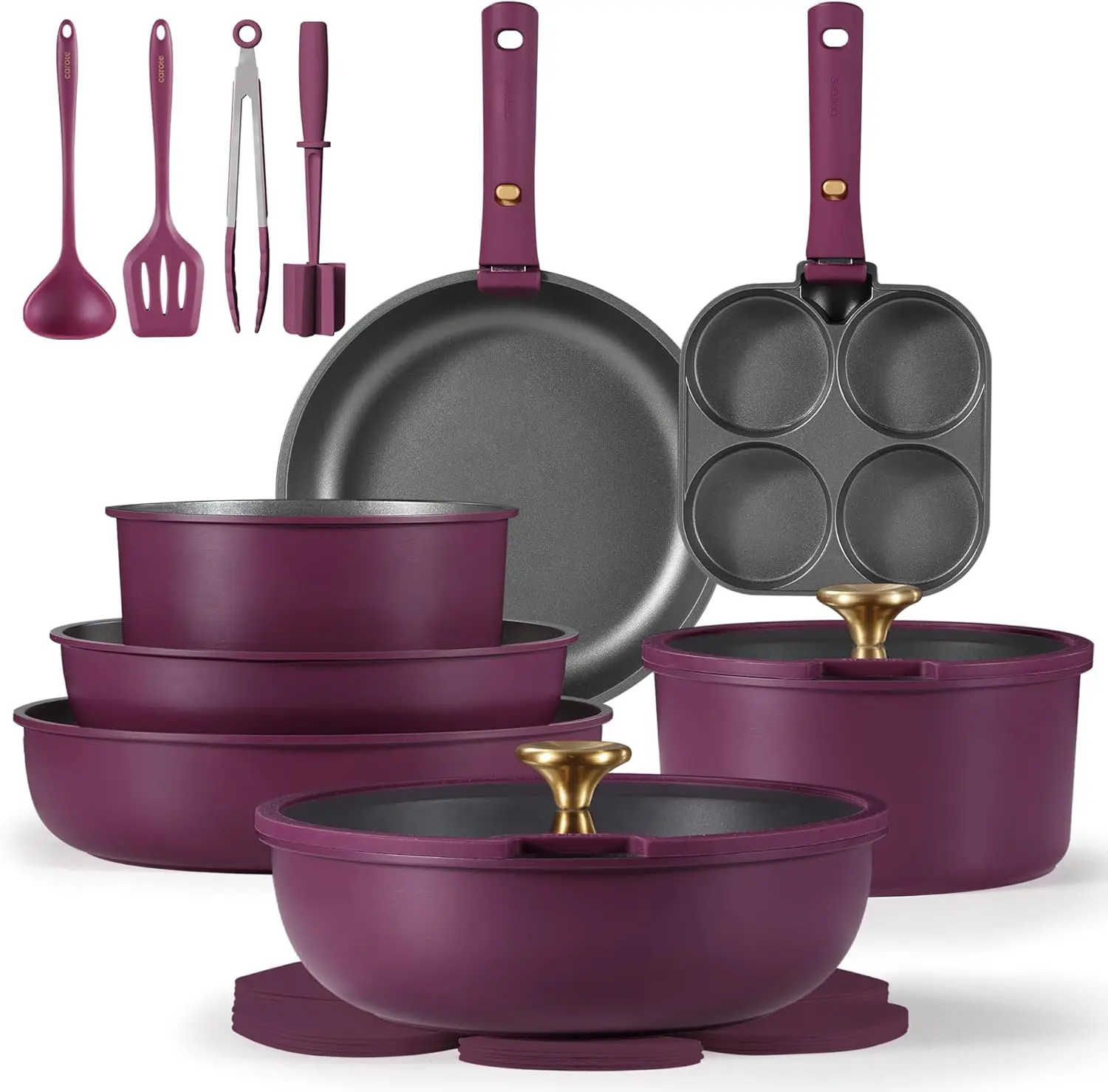 CAROTE 21pcs Pots and Pans Set, Nonstick Cookware Set Detachable Handle, Induction Kitchen Cookware Sets Non Stick with Removable Handle, RV Cookware Set, Gold and Purple image 1