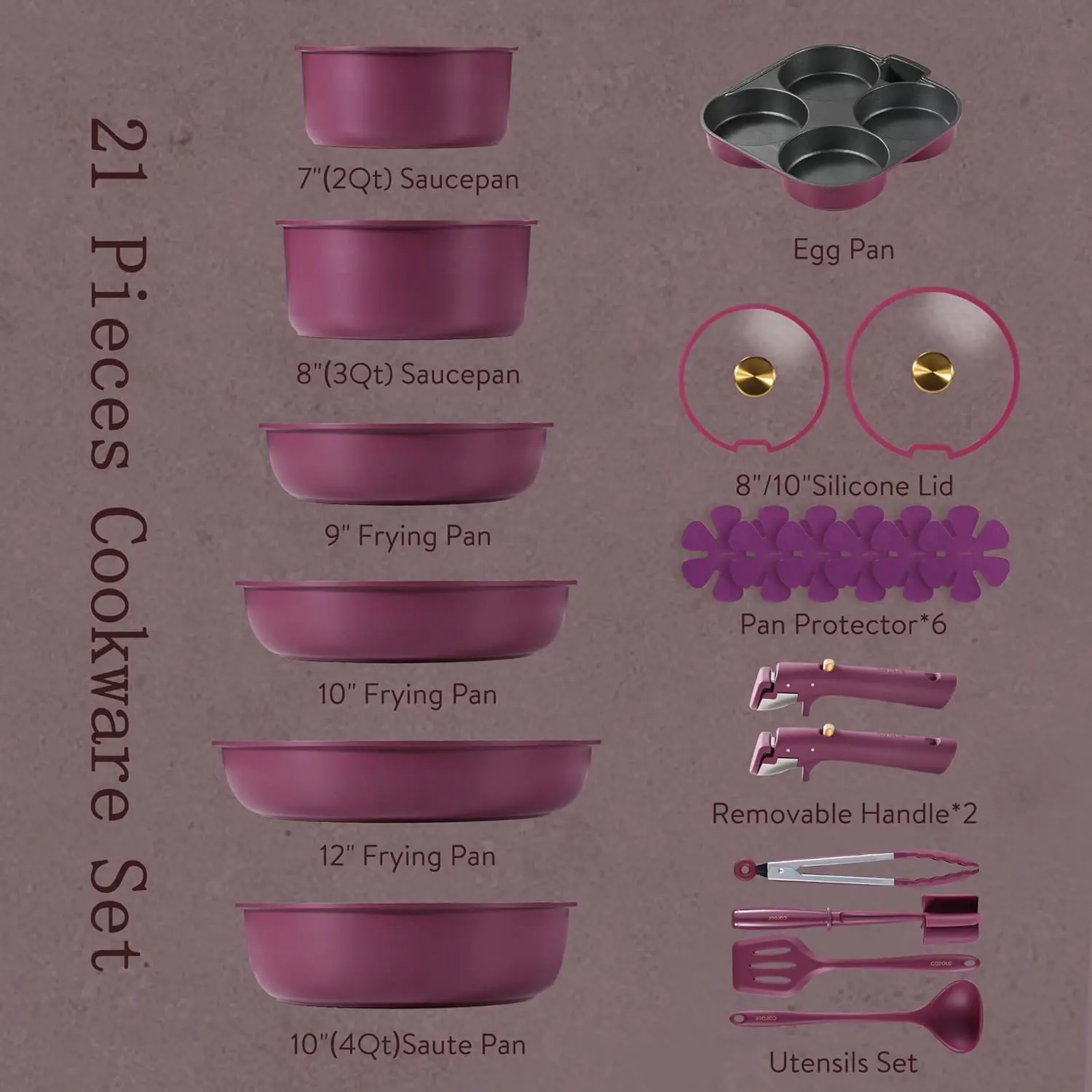 CAROTE 21pcs Pots and Pans Set, Nonstick Cookware Set Detachable Handle, Induction Kitchen Cookware Sets Non Stick with Removable Handle, RV Cookware Set, Gold and Purple image 2