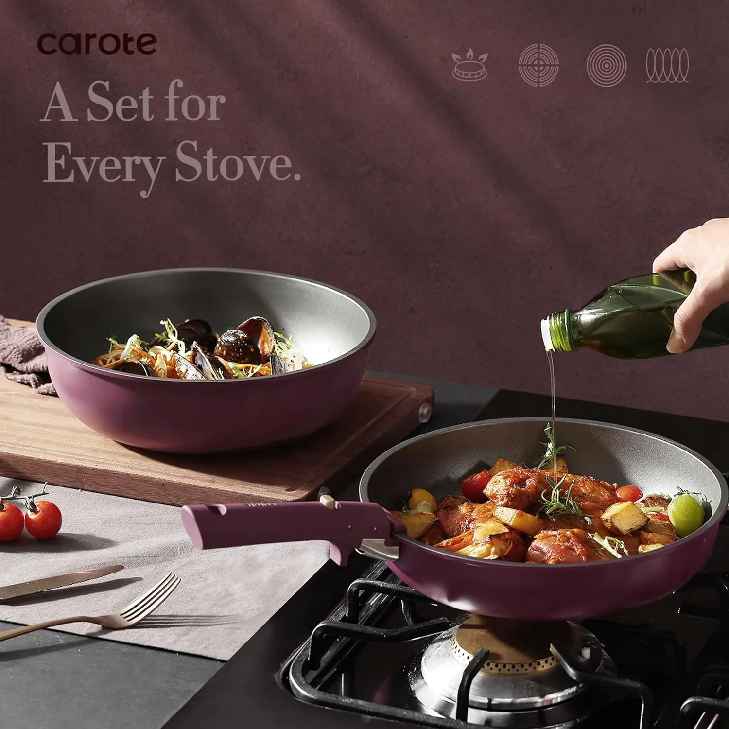 CAROTE 21pcs Pots and Pans Set, Nonstick Cookware Set Detachable Handle, Induction Kitchen Cookware Sets Non Stick with Removable Handle, RV Cookware Set, Gold and Purple image 4