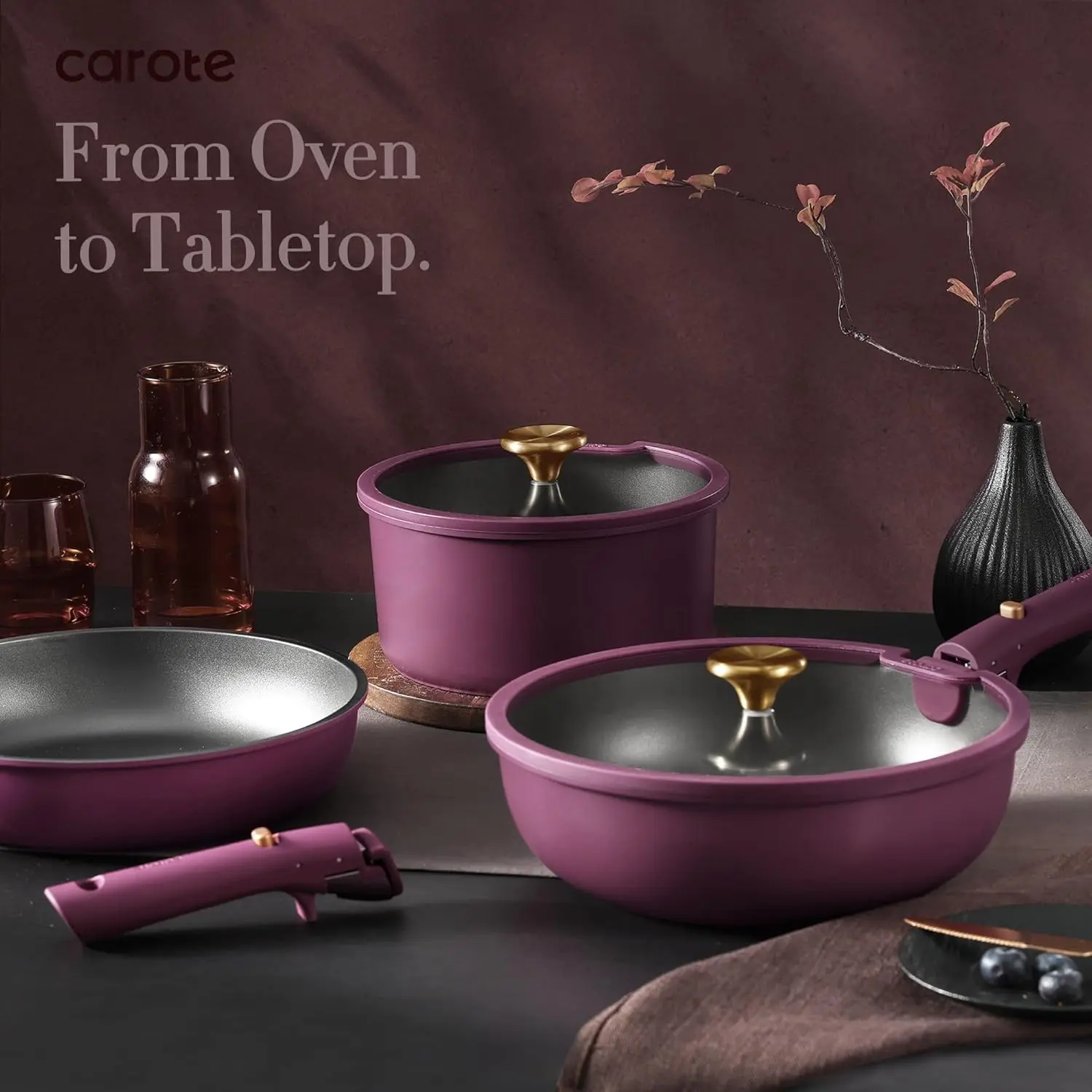 CAROTE 21pcs Pots and Pans Set, Nonstick Cookware Set Detachable Handle, Induction Kitchen Cookware Sets Non Stick with Removable Handle, RV Cookware Set, Gold and Purple image 6