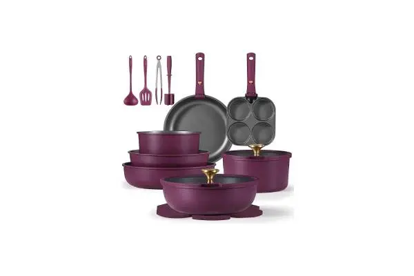 CAROTE 21pcs Pots and Pans Set, Nonstick Cookware Set Detachable Handle, Induction Kitchen Cookware Sets Non Stick with Removable Handle, RV Cookware Set, Gold and Purple image
