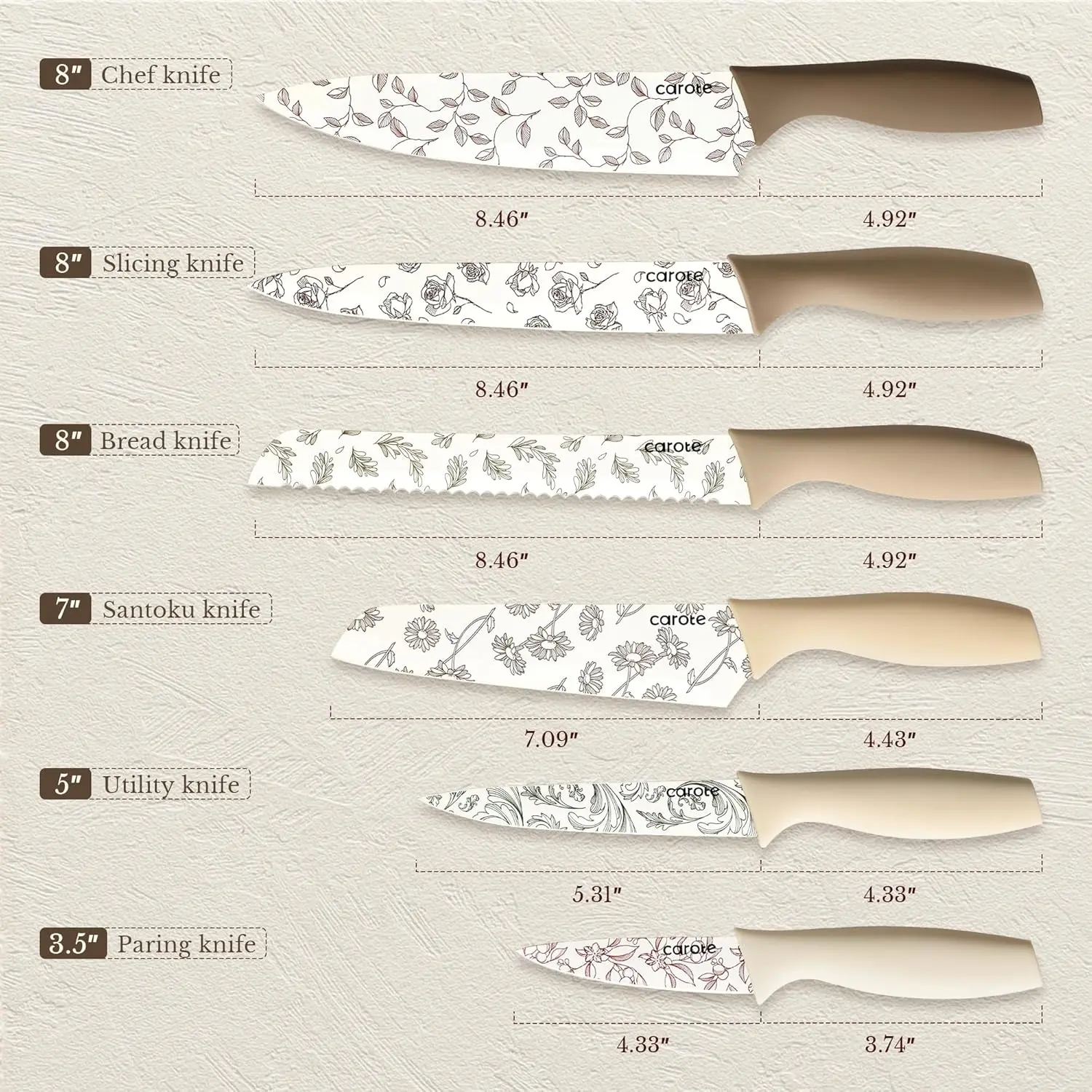 CAROTE 12PCS Knife Set, Kitchen Knife Set with 6 Blade Guards, Stainless Steel Knives Set With Nonstick Ceramic Coating, Rustproof, Delicate Floral Designs, White image 2