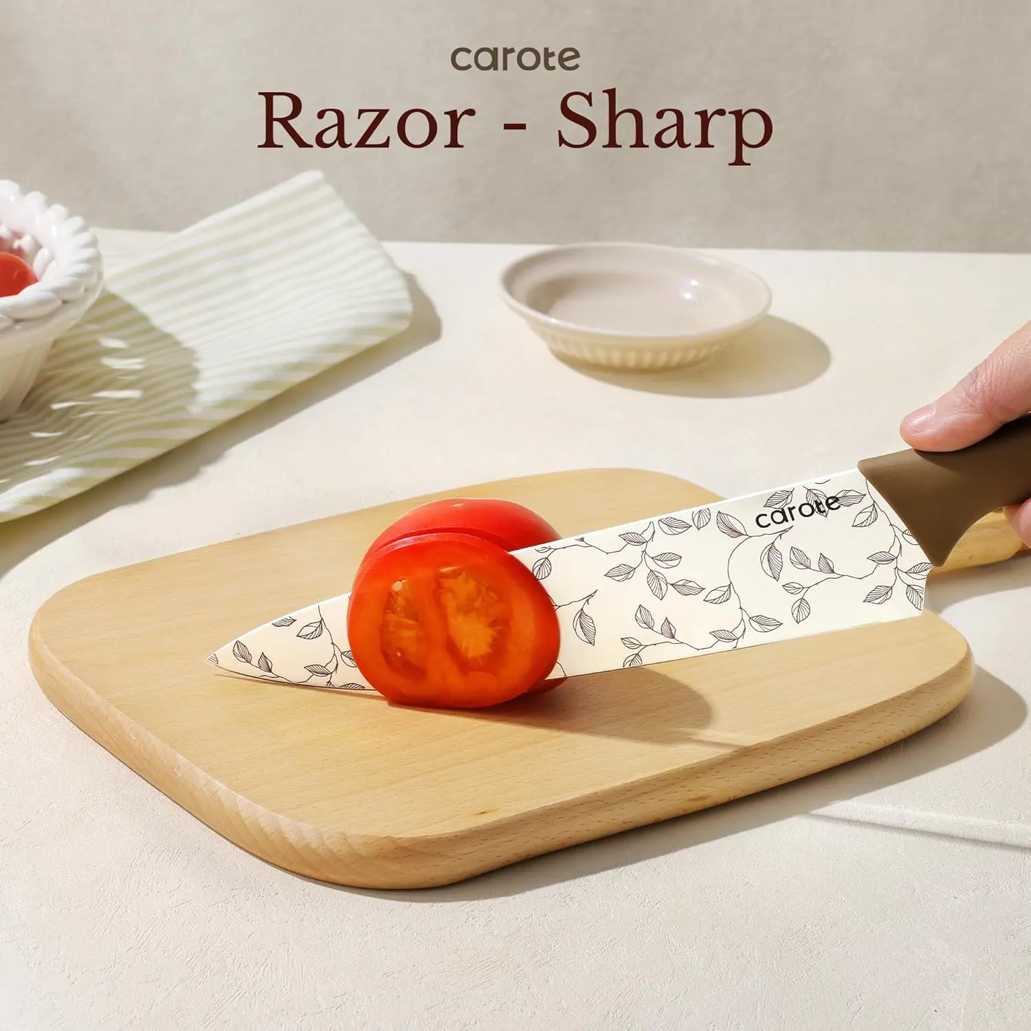 CAROTE 12PCS Knife Set, Kitchen Knife Set with 6 Blade Guards, Stainless Steel Knives Set With Nonstick Ceramic Coating, Rustproof, Delicate Floral Designs, White image 3