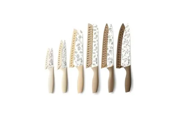 CAROTE 12PCS Knife Set, Kitchen Knife Set with 6 Blade Guards, Stainless Steel Knives Set With Nonstick Ceramic Coating, Rustproof, Delicate Floral Designs, White image
