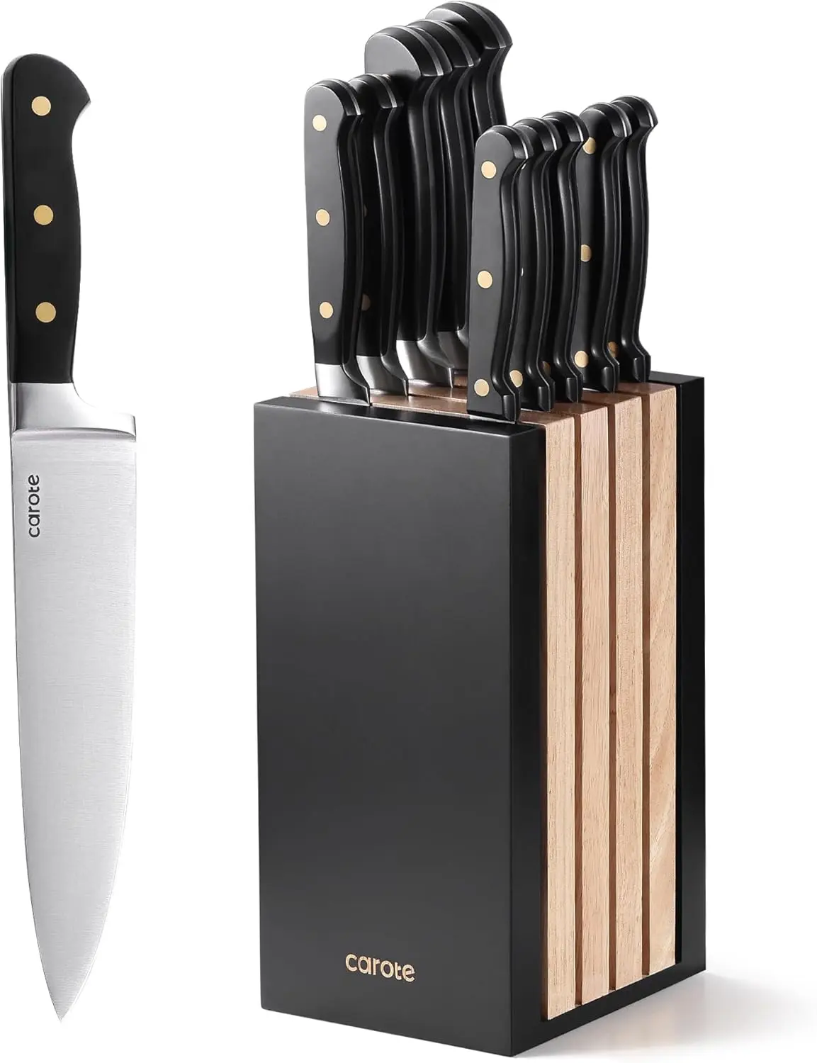 CAROTE 11 Pieces Knife Set with Block for kitchen, Stainless Steel Razor-Sharp Blade, Triple Riveted Ergonomic Handle, Wooden Magnetic Block, Essential Knife Block Set, Black image 1
