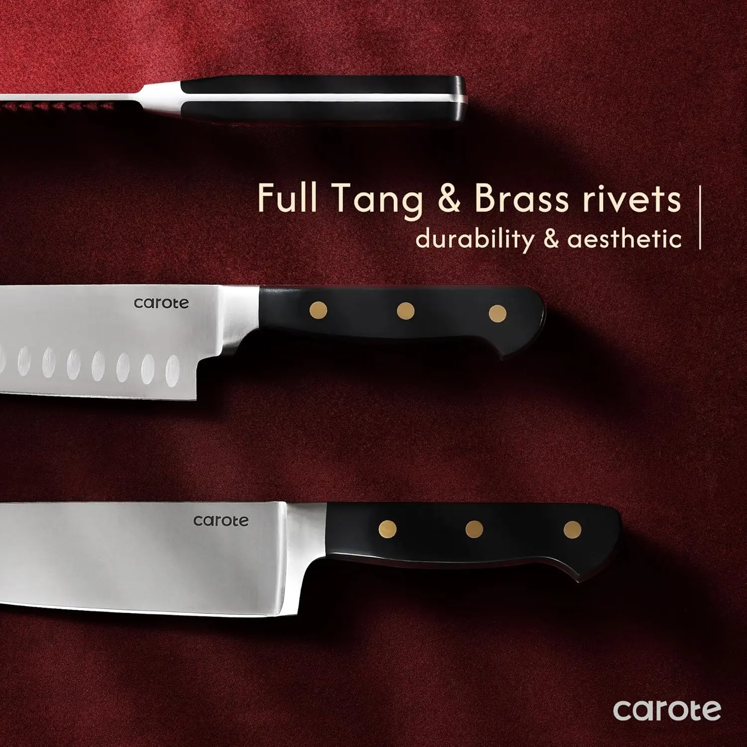 CAROTE 11 Pieces Knife Set with Block for kitchen, Stainless Steel Razor-Sharp Blade, Triple Riveted Ergonomic Handle, Wooden Magnetic Block, Essential Knife Block Set, Black image 4
