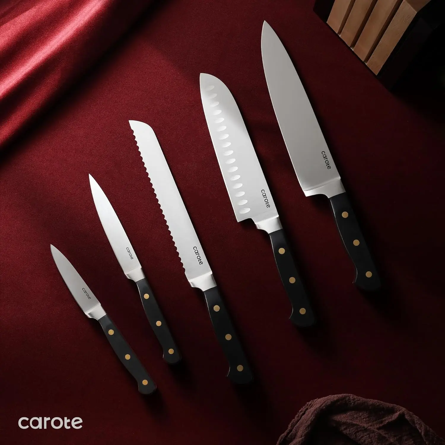 CAROTE 11 Pieces Knife Set with Block for kitchen, Stainless Steel Razor-Sharp Blade, Triple Riveted Ergonomic Handle, Wooden Magnetic Block, Essential Knife Block Set, Black image 6