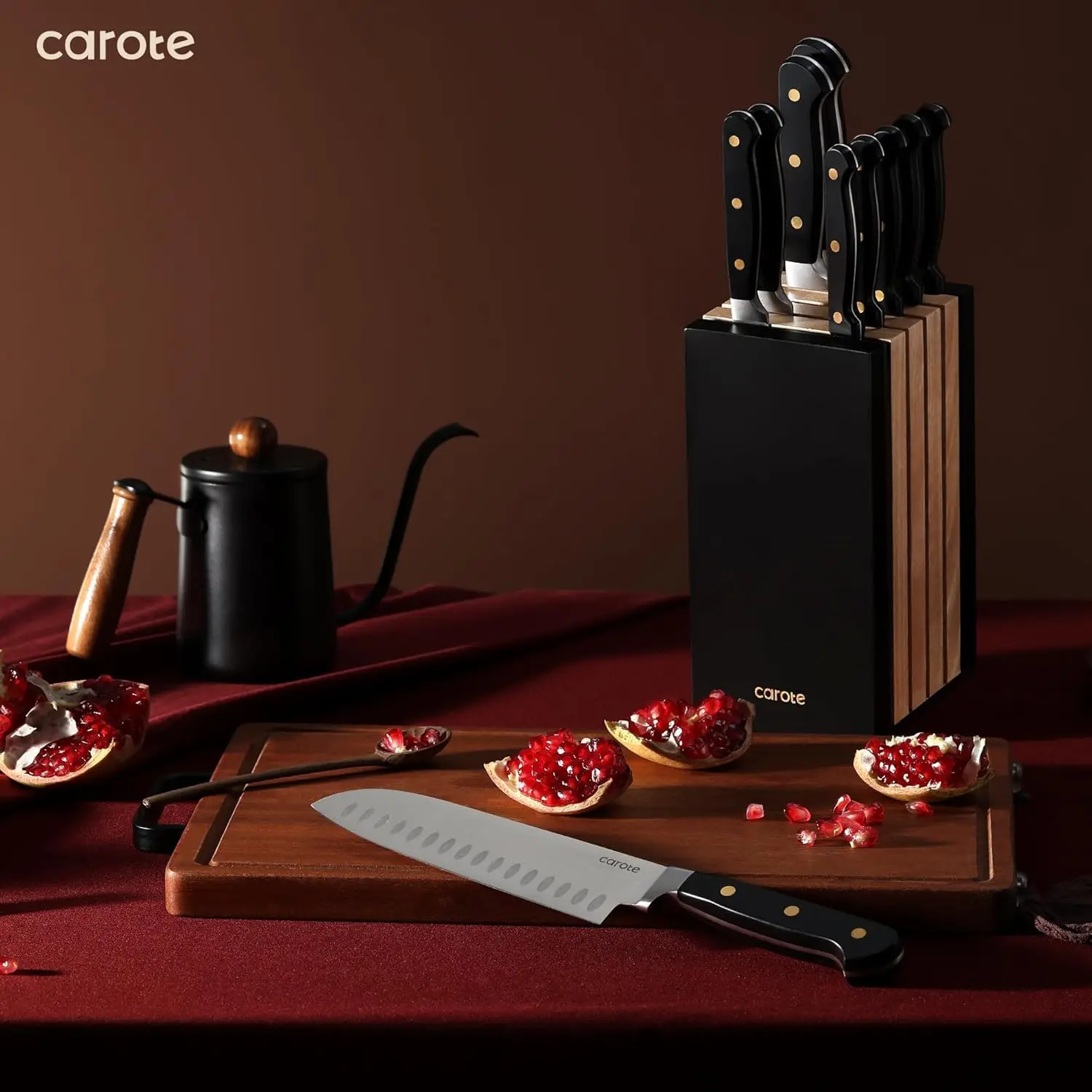 CAROTE 11 Pieces Knife Set with Block for kitchen, Stainless Steel Razor-Sharp Blade, Triple Riveted Ergonomic Handle, Wooden Magnetic Block, Essential Knife Block Set, Black image 7
