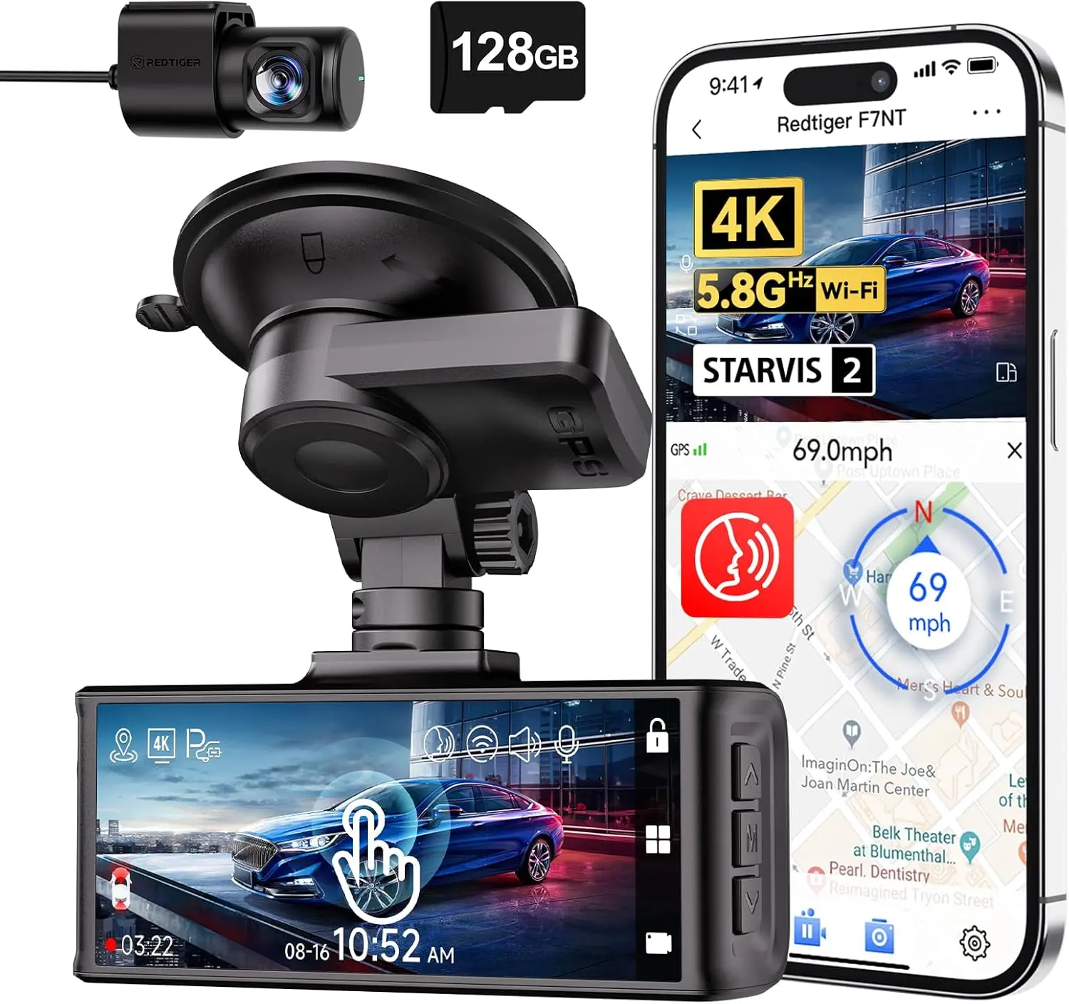 REDTIGER 4K Dash Cam Front and Rear, STARVIS 2 Sensor, Touch Screen 3.18", 128GB Card Included, Voice Control, 5.8GHz WiFi Car Dash Camera, GPS, Night Vision, Emergency Lock, Parking Mode (F7N Touch) image 1