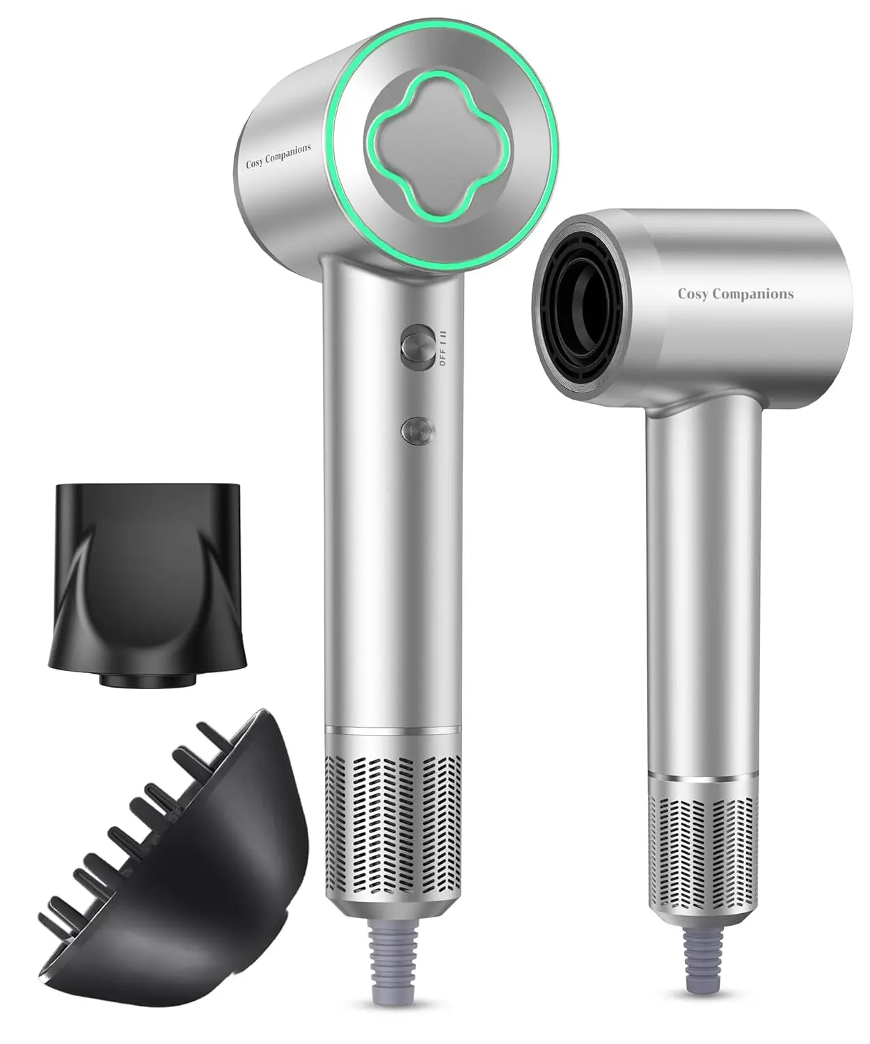 Hair Dryer - 150000 RPM High-Speed Brushless Motor Negative Ionic Blow Dryer for Fast Drying, Low Noise Thermo-Control Hair Dryer with Diffuser and Nozzle, Silvery image 1
