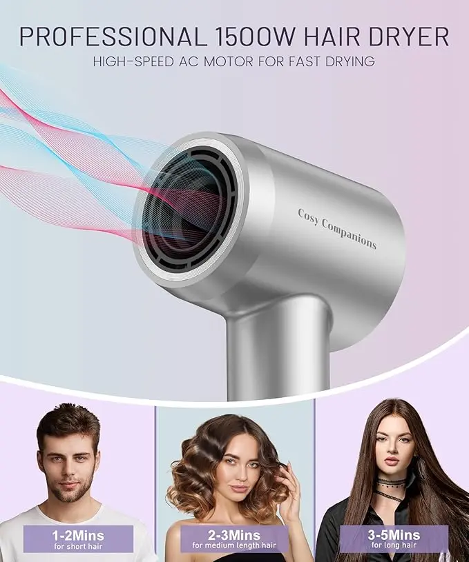 Hair Dryer - 150000 RPM High-Speed Brushless Motor Negative Ionic Blow Dryer for Fast Drying, Low Noise Thermo-Control Hair Dryer with Diffuser and Nozzle, Silvery image 5
