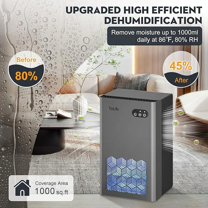 ToLife Dehumidifiers for Home 95 OZ Water Tank, 1000 sq.ft Dehumidifier for Basement Bedroom Bathroom with Auto Shut Off 7 Colors LED Light,Grey image 2
