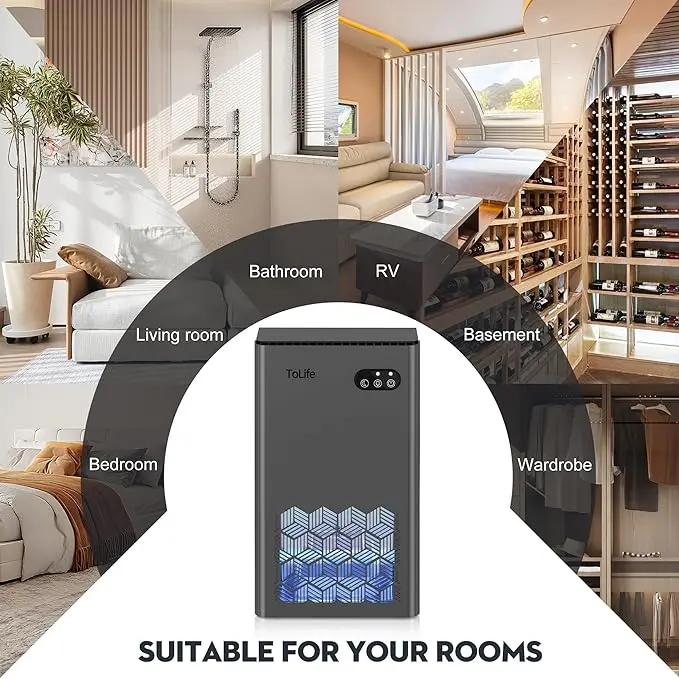 ToLife Dehumidifiers for Home 95 OZ Water Tank, 1000 sq.ft Dehumidifier for Basement Bedroom Bathroom with Auto Shut Off 7 Colors LED Light,Grey image 7