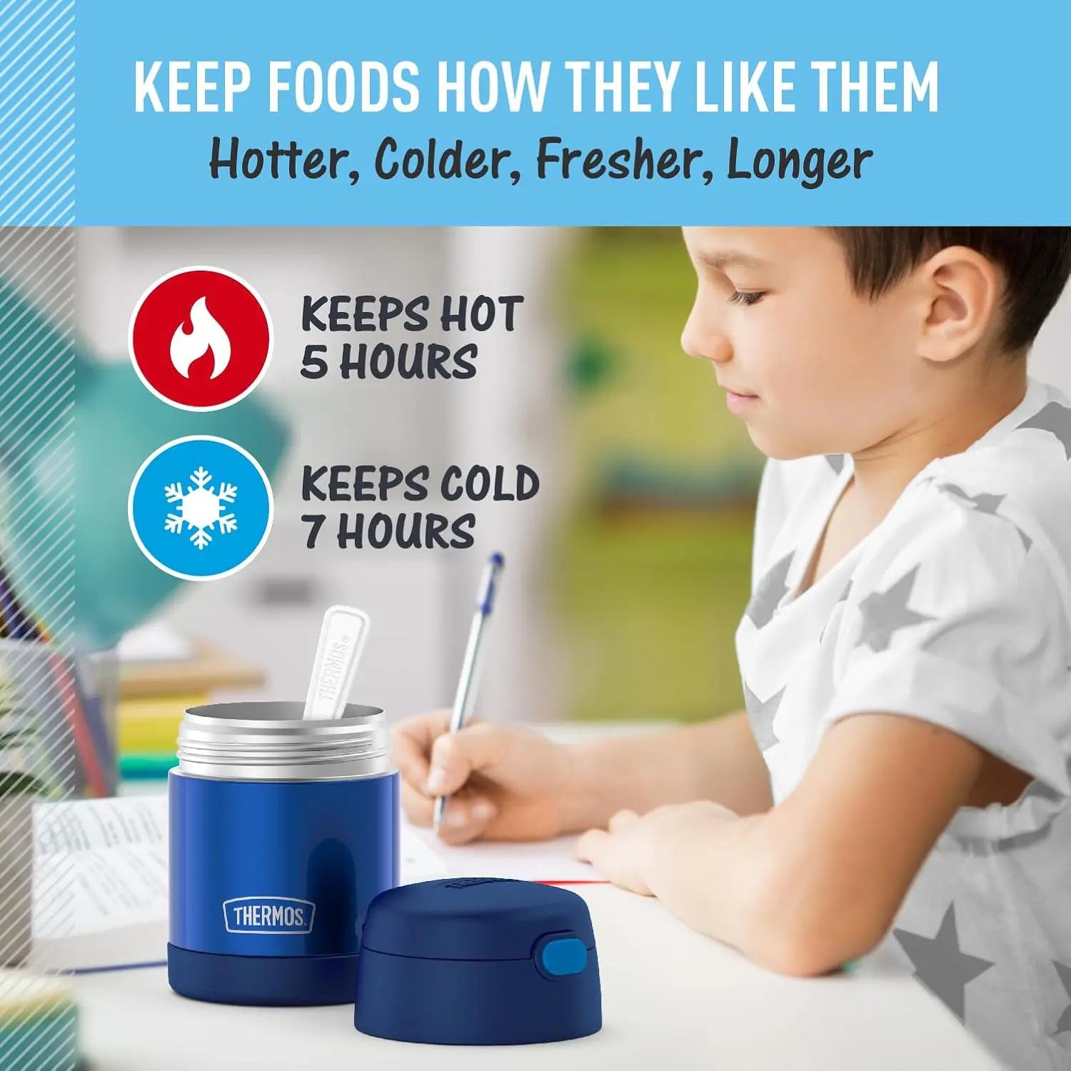 THERMOS FUNTAINER 10 Ounce Stainless Steel Vacuum Insulated Kids Food Jar with Folding Spoon, Navy image 5