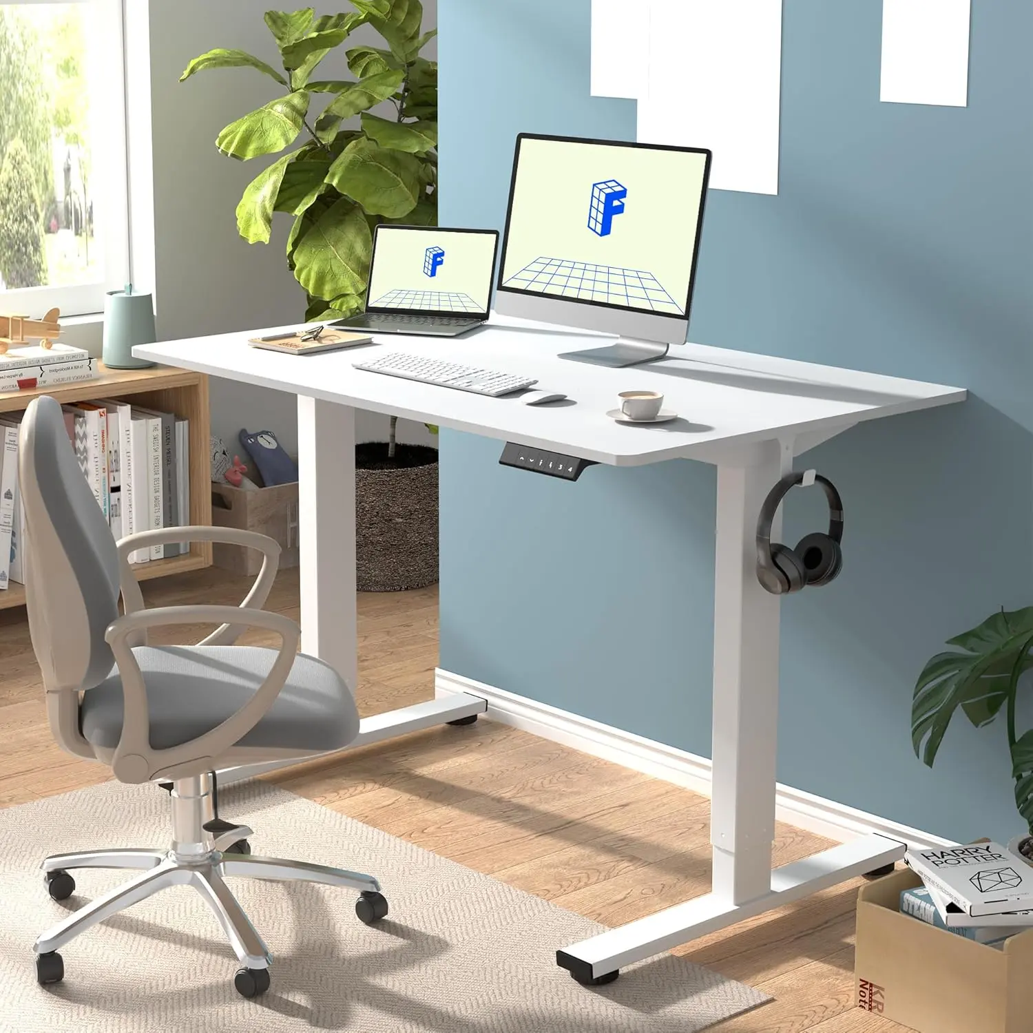 FLEXISPOT EN1 One-Piece Standing Desk, 48 x 24 Inches Electric Height Adjustable Desk for Home Office (White Frame + White Desktop) image 2