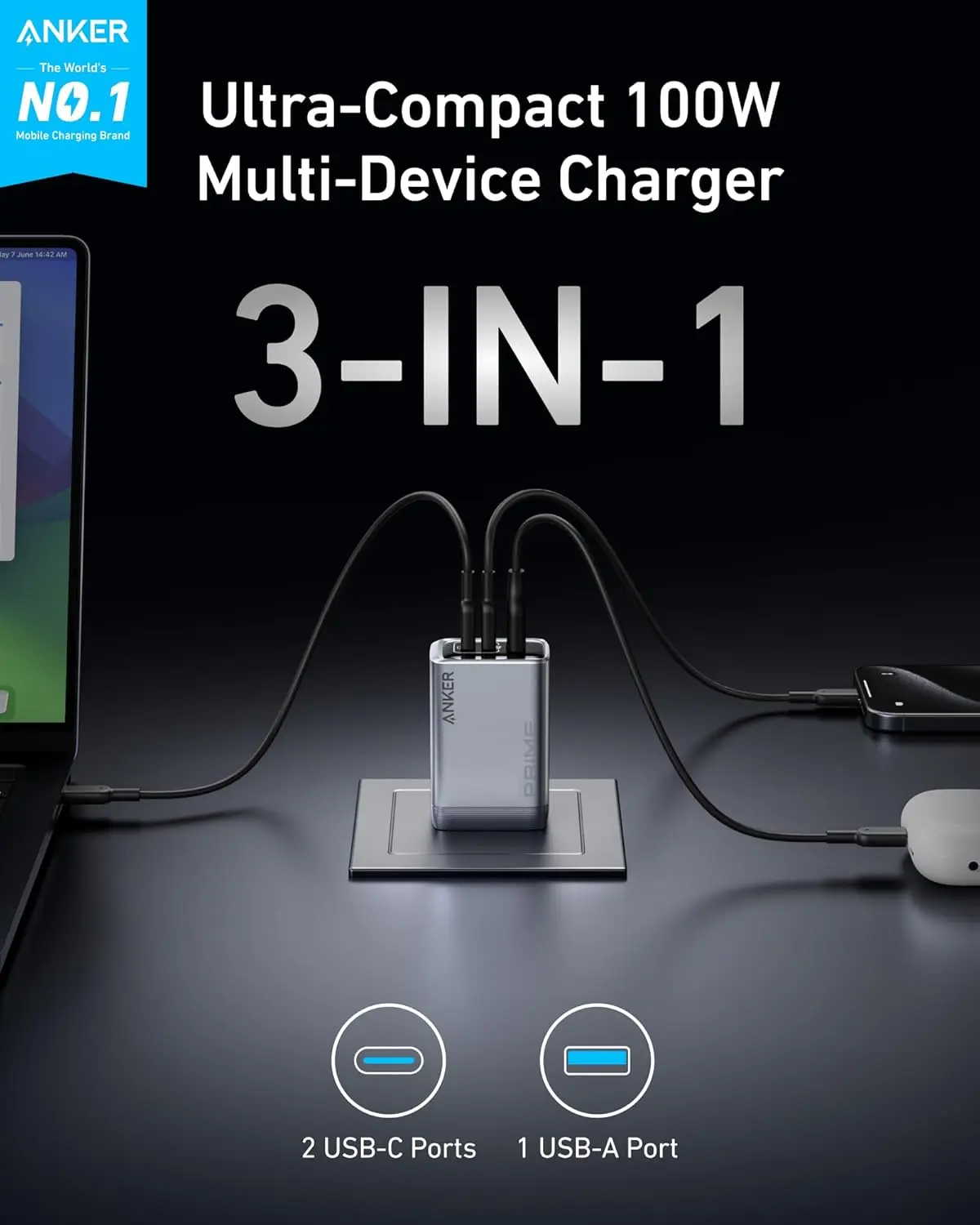 Anker Prime Charger, 100W 3-Port GaN USB C Charger Block, Foldable and Compact for MacBook, iPad, iPhone Series, Galaxy S24/S23, and More image 2