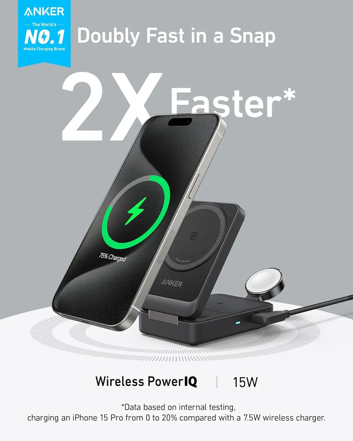 Anker MagGo 3 in 1 iPhone 16 Charging Station, MagSafe-Compatible Wireless Charger Stand, Qi2 Certified 15W Foldable Charger for iPhone 15, AirPods, Apple Watch 9 (Not a Power Bank, Adapter Included) image 2