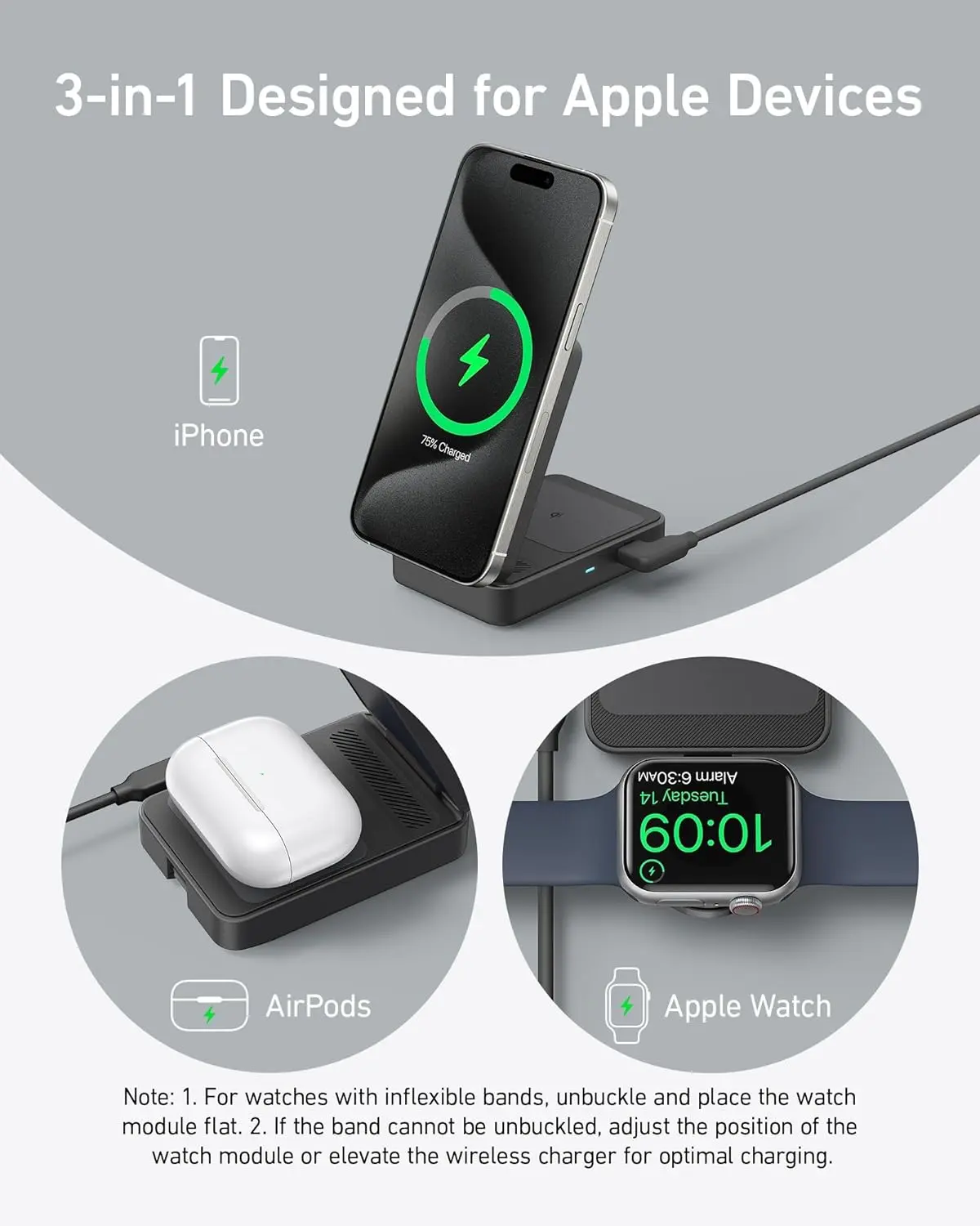Anker MagGo 3 in 1 iPhone 16 Charging Station, MagSafe-Compatible Wireless Charger Stand, Qi2 Certified 15W Foldable Charger for iPhone 15, AirPods, Apple Watch 9 (Not a Power Bank, Adapter Included) image 6