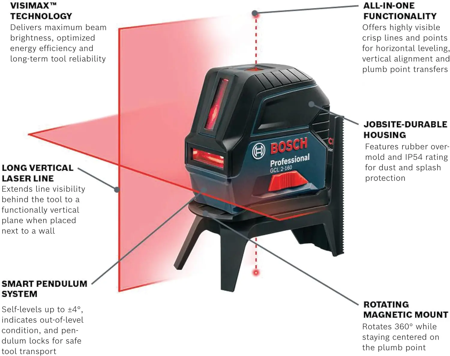 BOSCH GCL 2-160 65 Ft Self-Leveling Cross-Line Laser with Plumb Points, Includes Magnetic Rotating Mount, Ceiling Grid Clip, Laser Target Plate, 3 AA Batteries, & Hard Carrying Case image 2
