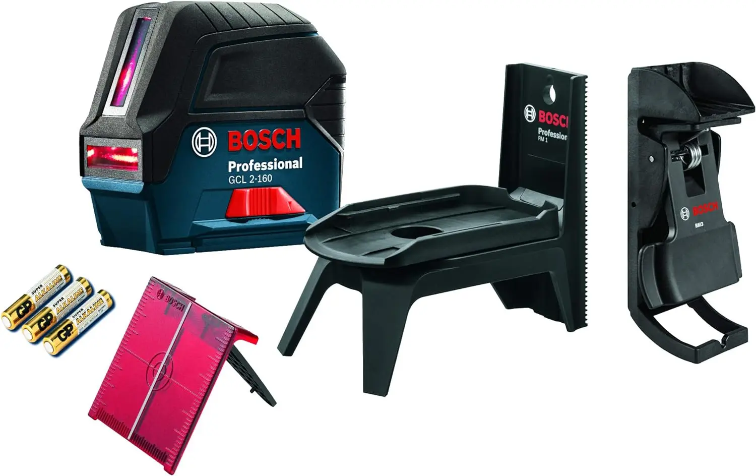 BOSCH GCL 2-160 65 Ft Self-Leveling Cross-Line Laser with Plumb Points, Includes Magnetic Rotating Mount, Ceiling Grid Clip, Laser Target Plate, 3 AA Batteries, & Hard Carrying Case image 3