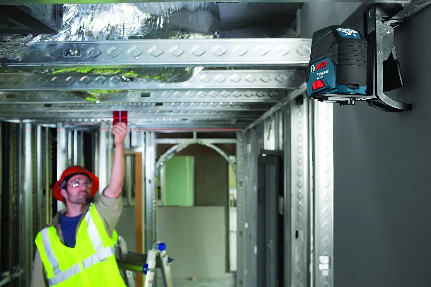 BOSCH GCL 2-160 65 Ft Self-Leveling Cross-Line Laser with Plumb Points, Includes Magnetic Rotating Mount, Ceiling Grid Clip, Laser Target Plate, 3 AA Batteries, & Hard Carrying Case image 6