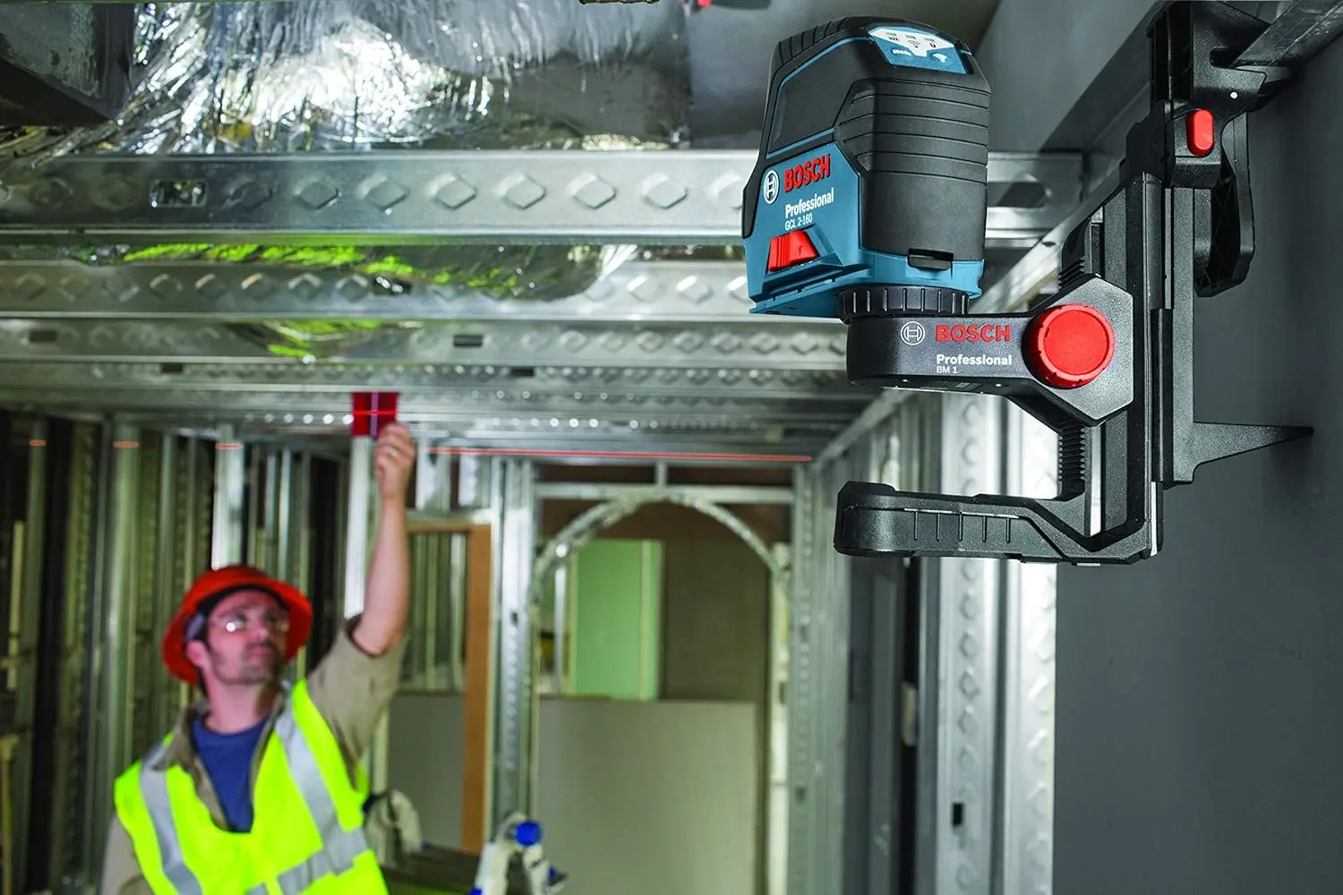 BOSCH GCL 2-160 65 Ft Self-Leveling Cross-Line Laser with Plumb Points, Includes Magnetic Rotating Mount, Ceiling Grid Clip, Laser Target Plate, 3 AA Batteries, & Hard Carrying Case image 9