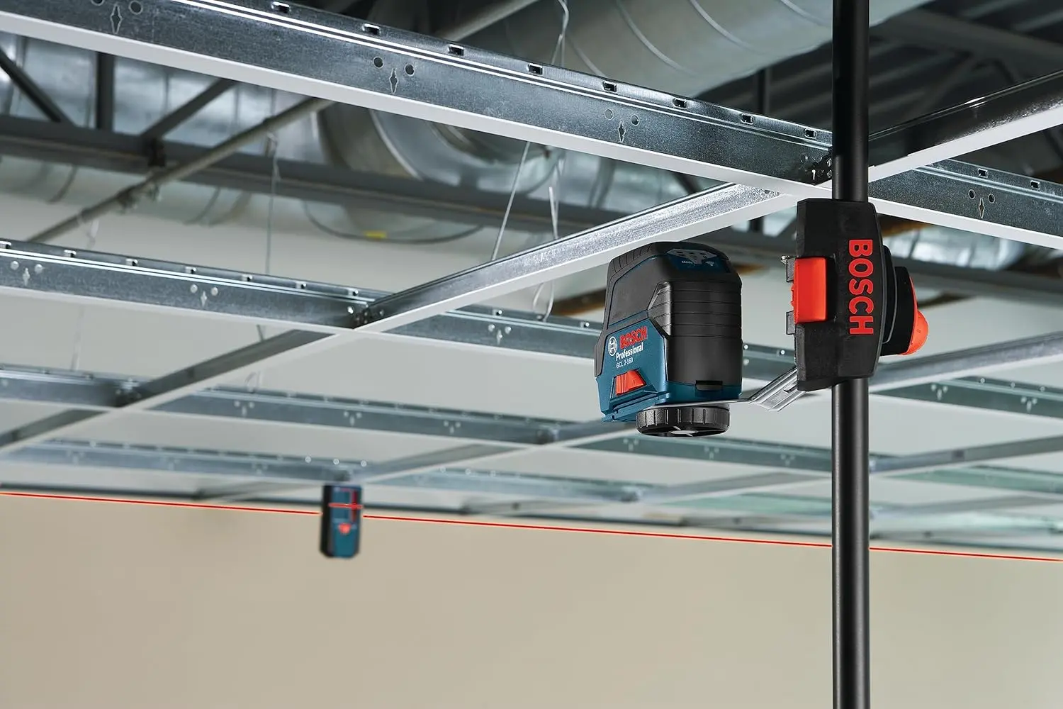 BOSCH GCL 2-160 65 Ft Self-Leveling Cross-Line Laser with Plumb Points, Includes Magnetic Rotating Mount, Ceiling Grid Clip, Laser Target Plate, 3 AA Batteries, & Hard Carrying Case image 14