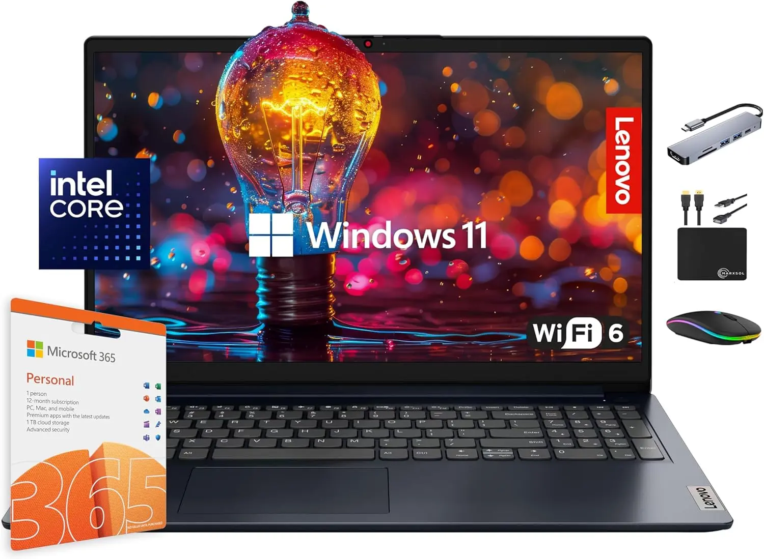 Lenovo IdeaPad Laptop Computer 2025, 15.6" Display, 12GB RAM, 1.1TB Storage (500GB SSD + 128GB eMMC + 500GB Ext), Intel Dual Core Processor, Long Battery, MarxsolAccessory, 1 Year Office 365, Win 11 image 1