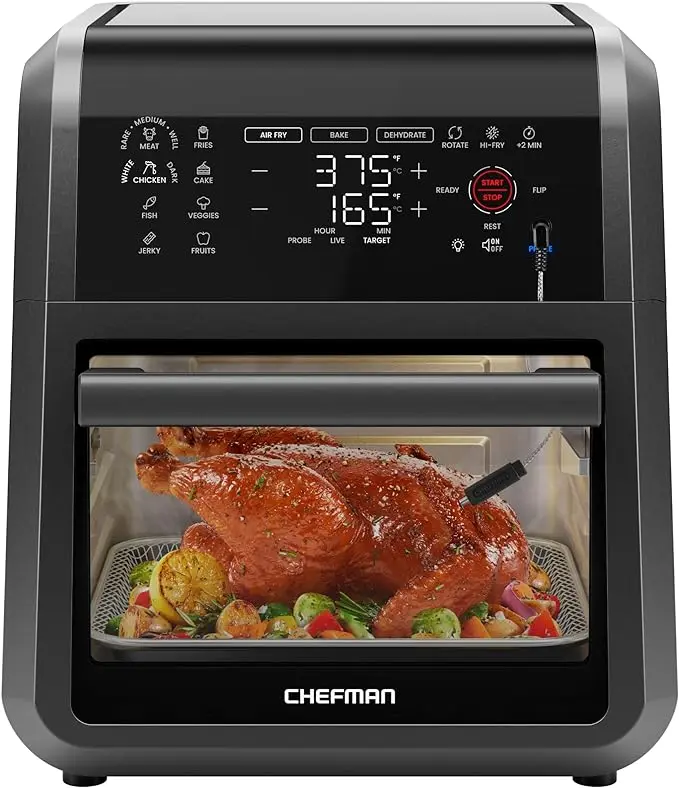 CHEFMAN ExacTemp™ 12 Quart 5-in-1 Air Fryer with Integrated Smart Cooking Thermometer, 28 Touchscreen Presets, Rotisserie, Dehydrator, Bake, XL Convection Oven with Auto Shutoff, Black image 1