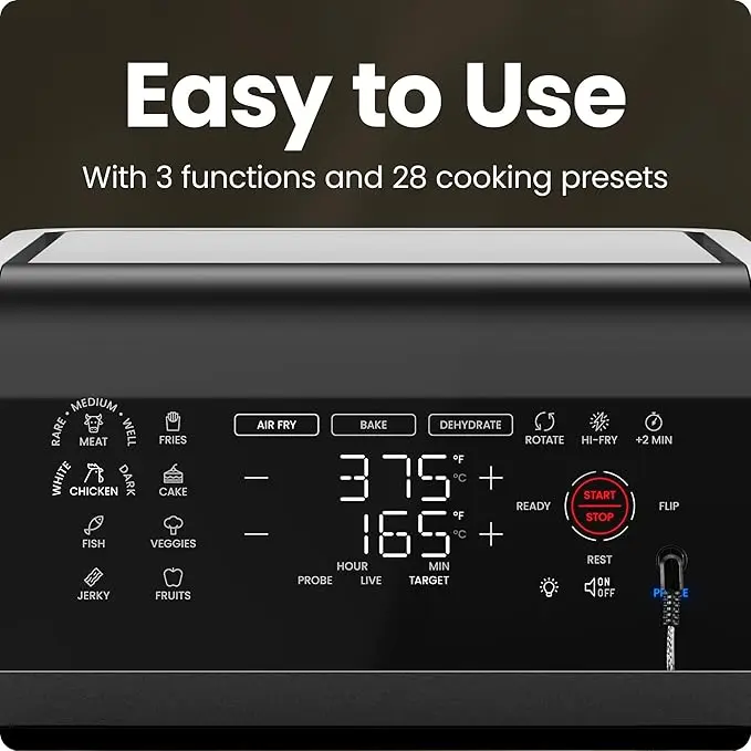 CHEFMAN ExacTemp™ 12 Quart 5-in-1 Air Fryer with Integrated Smart Cooking Thermometer, 28 Touchscreen Presets, Rotisserie, Dehydrator, Bake, XL Convection Oven with Auto Shutoff, Black image 5