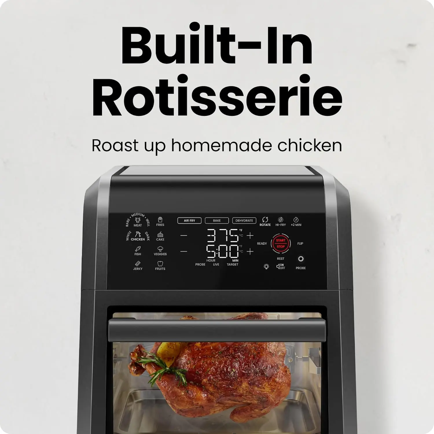 CHEFMAN ExacTemp™ 12 Quart 5-in-1 Air Fryer with Integrated Smart Cooking Thermometer, 28 Touchscreen Presets, Rotisserie, Dehydrator, Bake, XL Convection Oven with Auto Shutoff, Black image 6