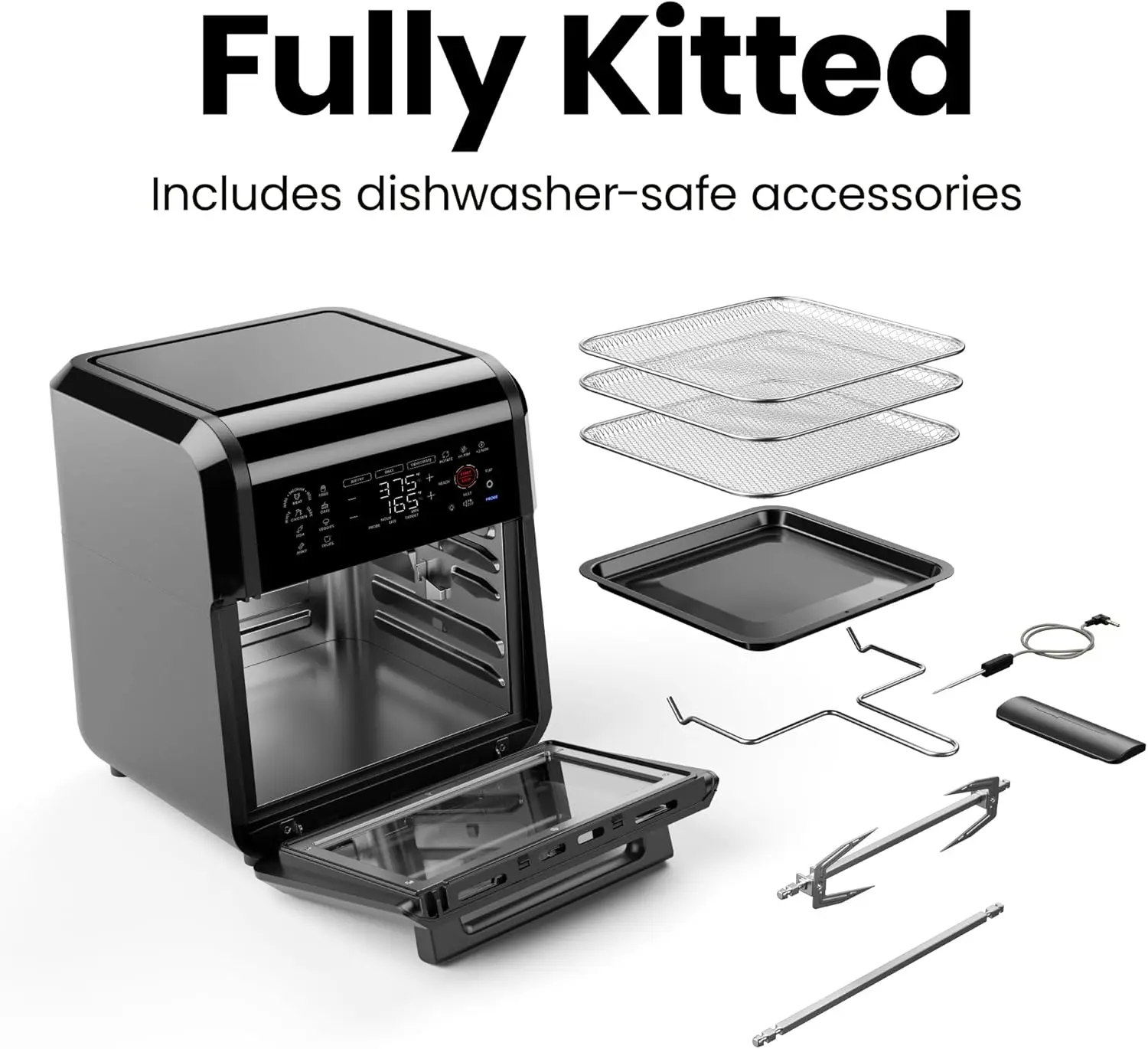 CHEFMAN ExacTemp™ 12 Quart 5-in-1 Air Fryer with Integrated Smart Cooking Thermometer, 28 Touchscreen Presets, Rotisserie, Dehydrator, Bake, XL Convection Oven with Auto Shutoff, Black image 8