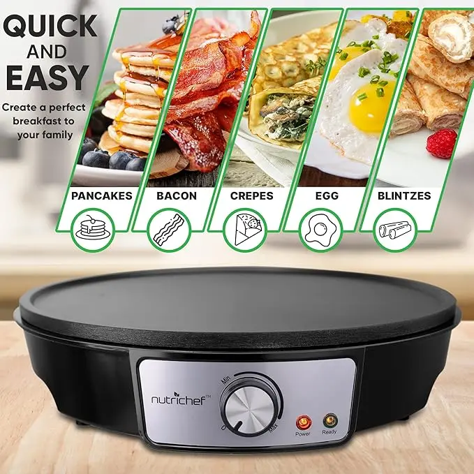 Nutrichef Electric Crepe Maker & Griddle Cooktop - Nonstick 12 Inch Aluminum Hot Plate with LED Indicator Lights & Adjustable Temperature Control - Wooden Spatula & Batter Spreader Included image 2