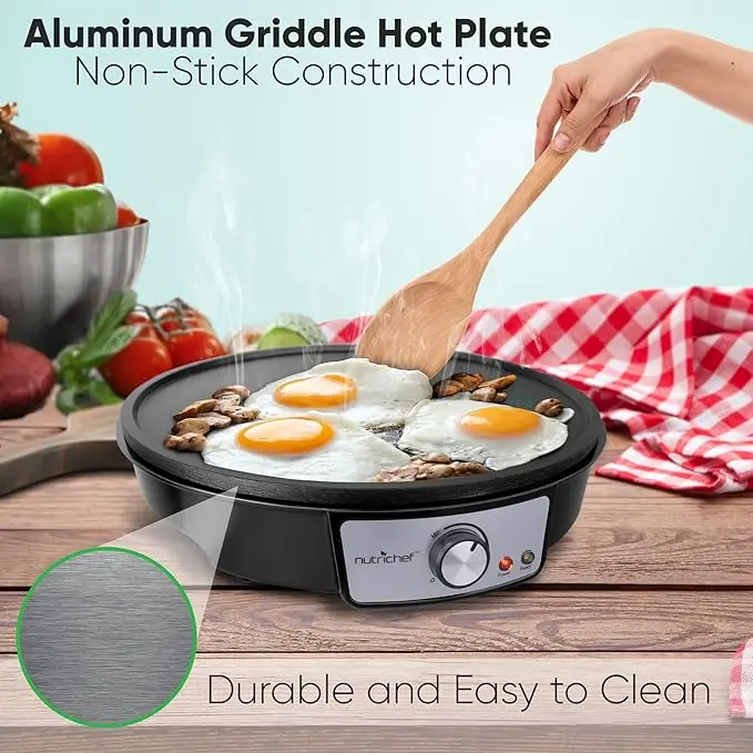 Nutrichef Electric Crepe Maker & Griddle Cooktop - Nonstick 12 Inch Aluminum Hot Plate with LED Indicator Lights & Adjustable Temperature Control - Wooden Spatula & Batter Spreader Included image 4