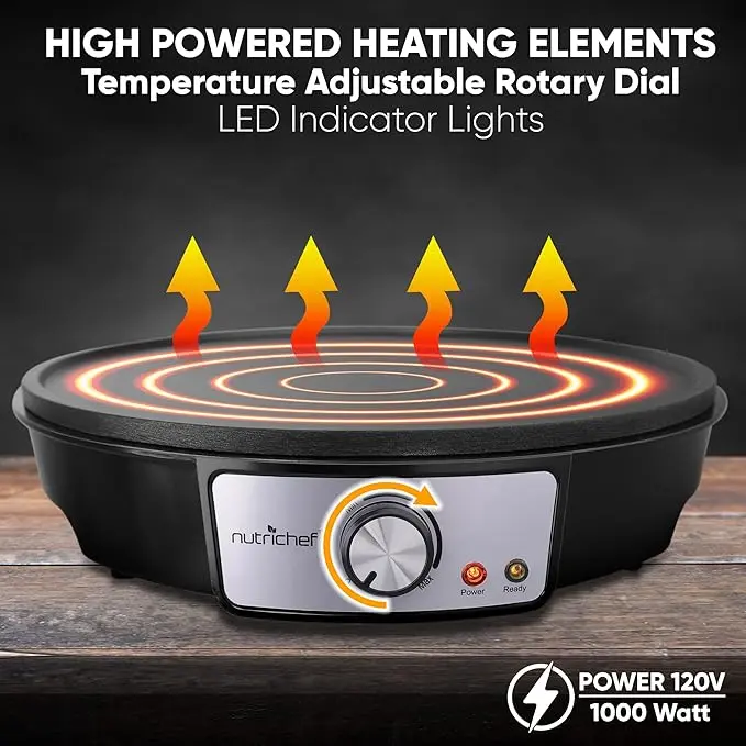 Nutrichef Electric Crepe Maker & Griddle Cooktop - Nonstick 12 Inch Aluminum Hot Plate with LED Indicator Lights & Adjustable Temperature Control - Wooden Spatula & Batter Spreader Included image 5