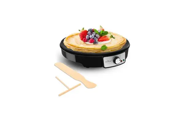 Nutrichef Electric Crepe Maker & Griddle Cooktop - Nonstick 12 Inch Aluminum Hot Plate with LED Indicator Lights & Adjustable Temperature Control - Wooden Spatula & Batter Spreader Included image