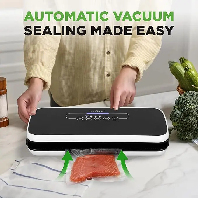 NutriChef Food Vacuum Sealer Machine - Automatic Air Sealing System for Dry & Moist Foods, LED Touch Controls, Includes Vacuum Bags, Hose & Wine Stopper, High Suction Power, 14"x6"x3", Black image 4