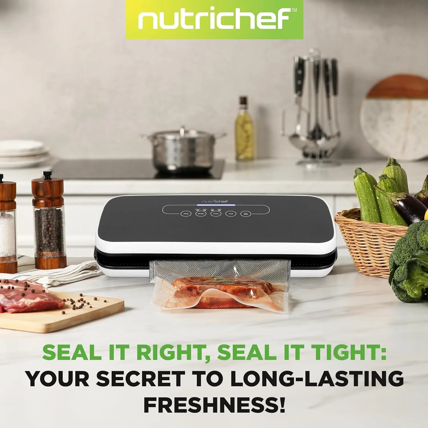 NutriChef Food Vacuum Sealer Machine - Automatic Air Sealing System for Dry & Moist Foods, LED Touch Controls, Includes Vacuum Bags, Hose & Wine Stopper, High Suction Power, 14"x6"x3", Black image 7